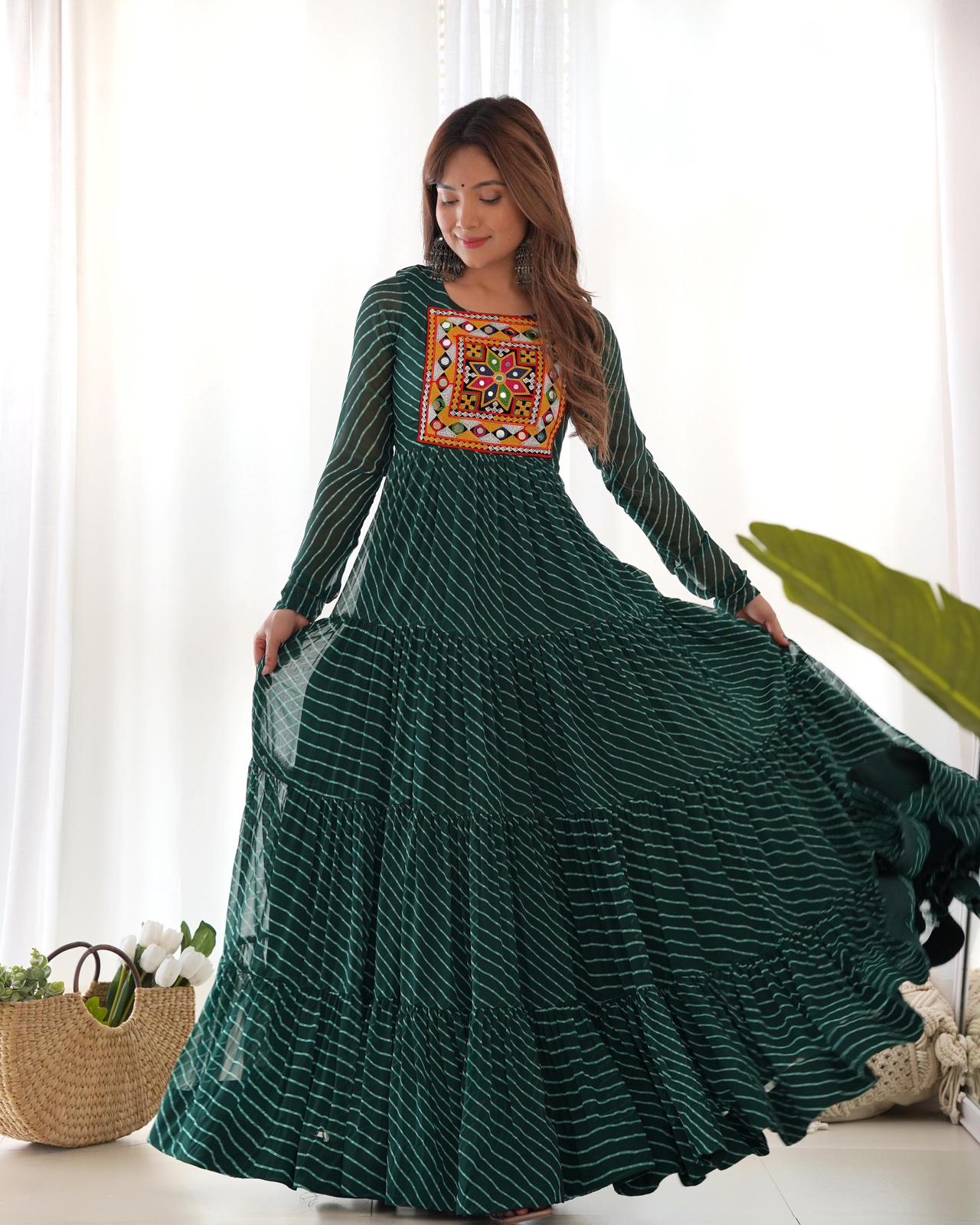 Georgette Lehriya Printed Yoke Work Gown - Shopaholics Choice