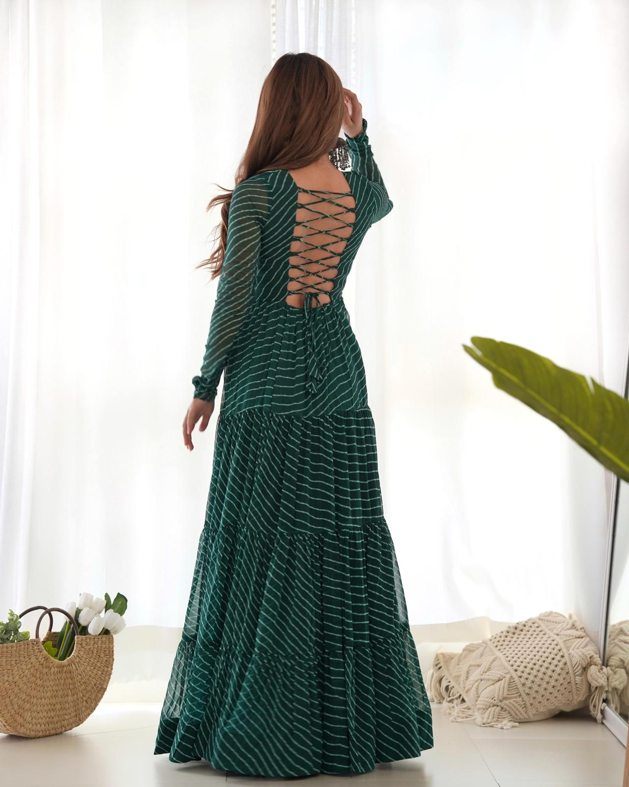 Georgette Lehriya Printed Yoke Work Gown - Shopaholics Choice