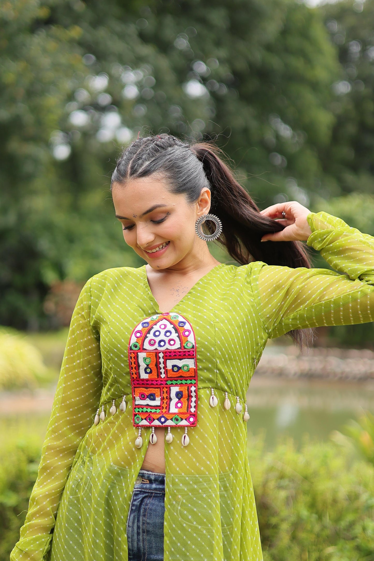 Georgette Lehriya Kutchi Patchwork Slit Kurti - Shopaholics Choice