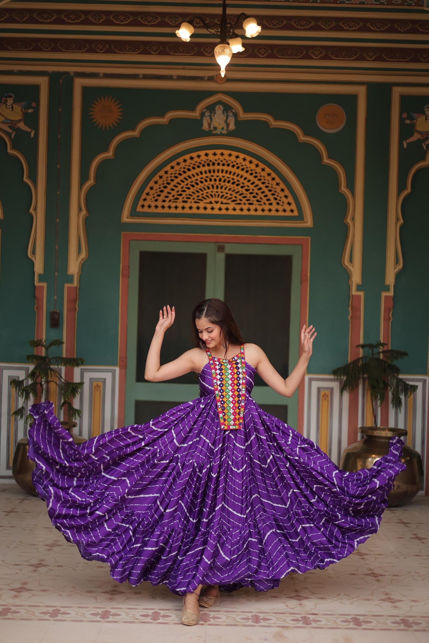 Chinon Kutchi Work Lehriya Printed Gown - Shopaholics Choice