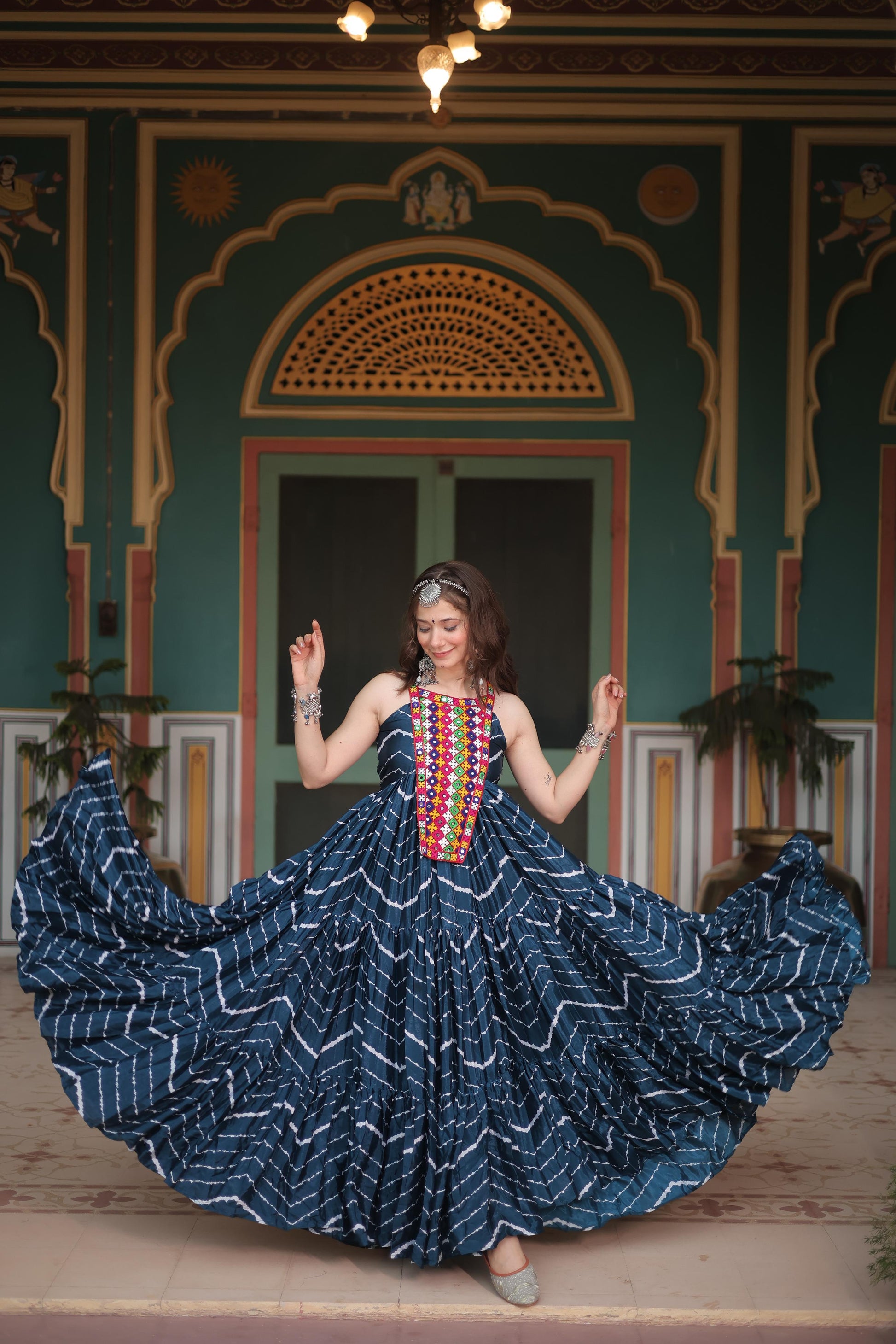 Chinon Kutchi Work Lehriya Printed Gown - Shopaholics Choice