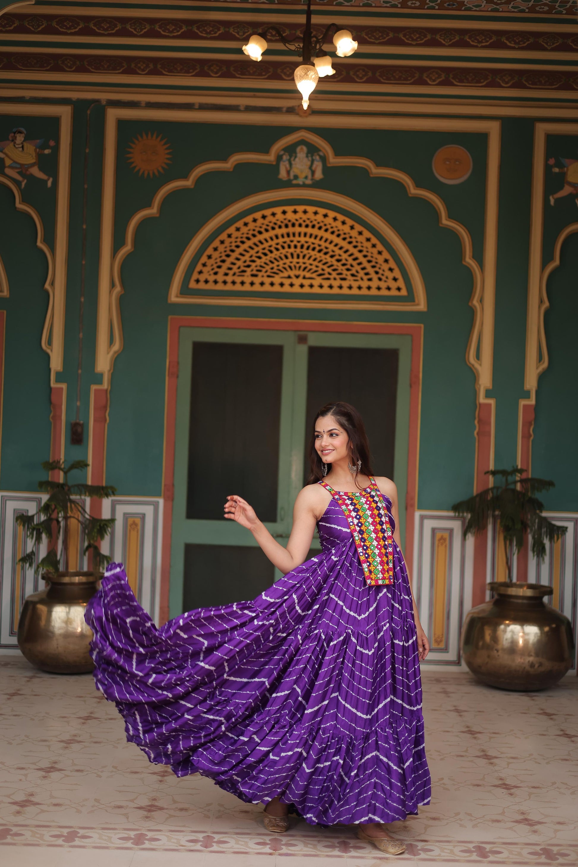 Chinon Kutchi Work Lehriya Printed Gown - Shopaholics Choice