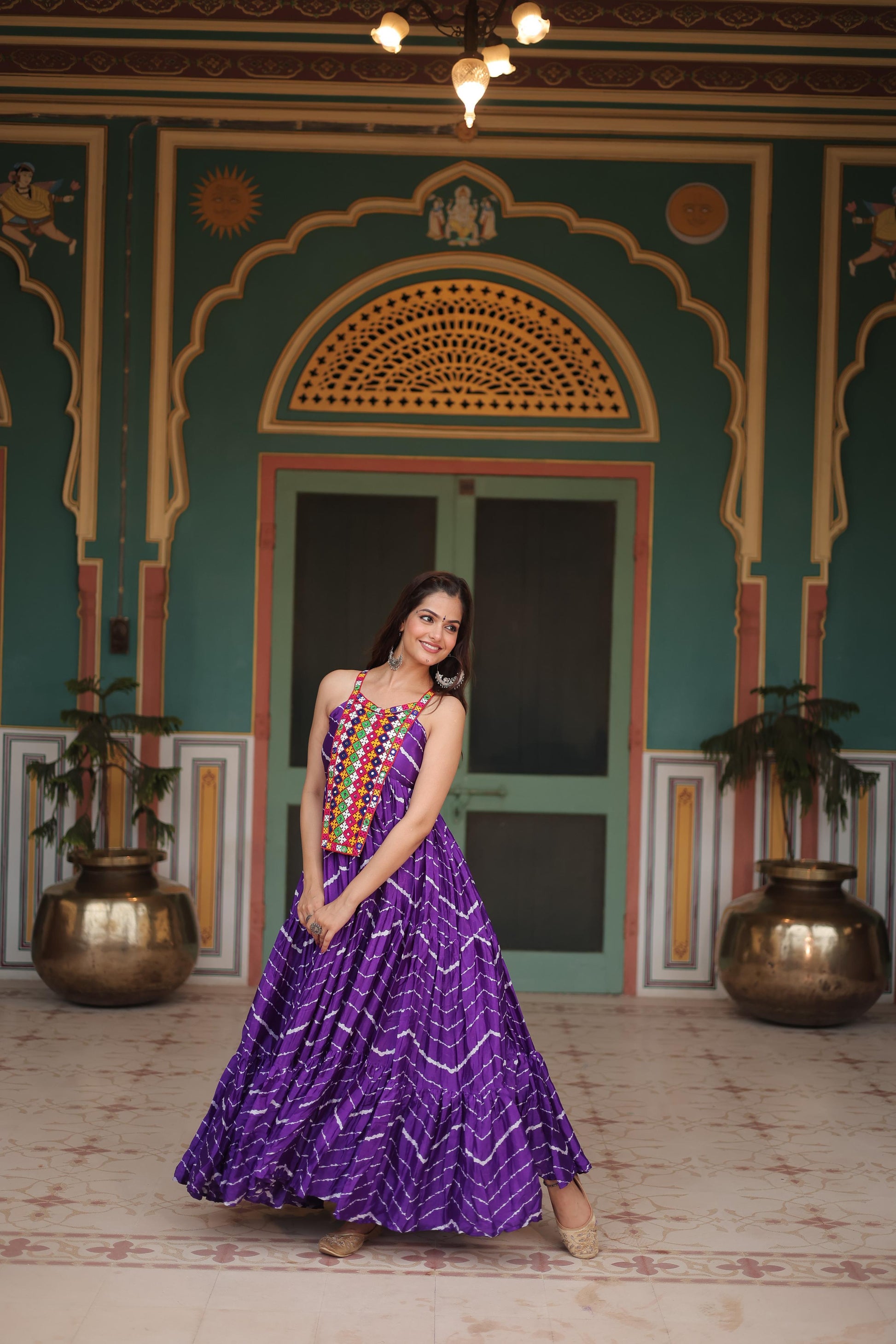 Chinon Kutchi Work Lehriya Printed Gown - Shopaholics Choice