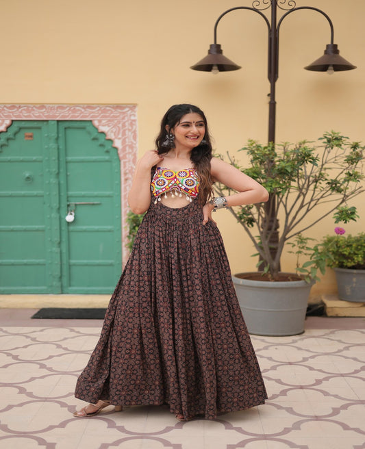 Cotton Printed Kutchi Gamthi Work Gown - Shopaholics Choice