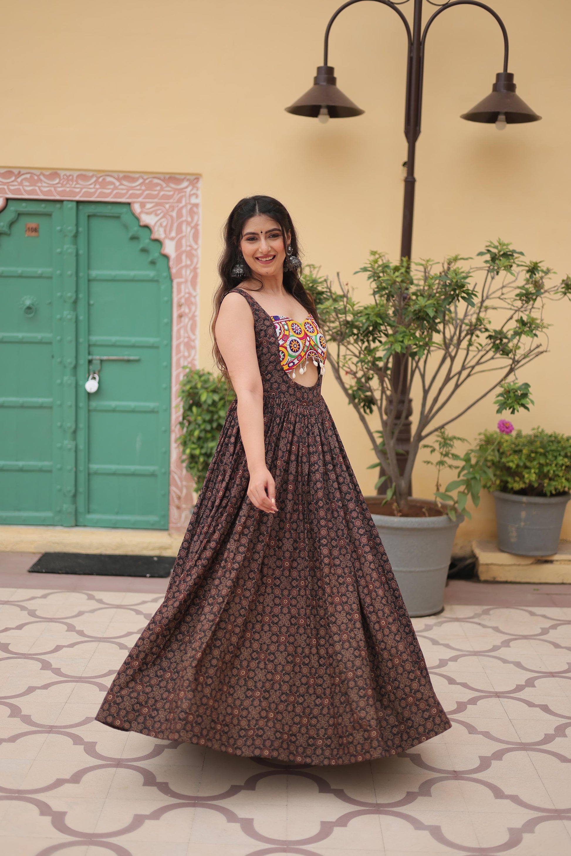 Cotton Printed Kutchi Gamthi Work Gown - Shopaholics Choice