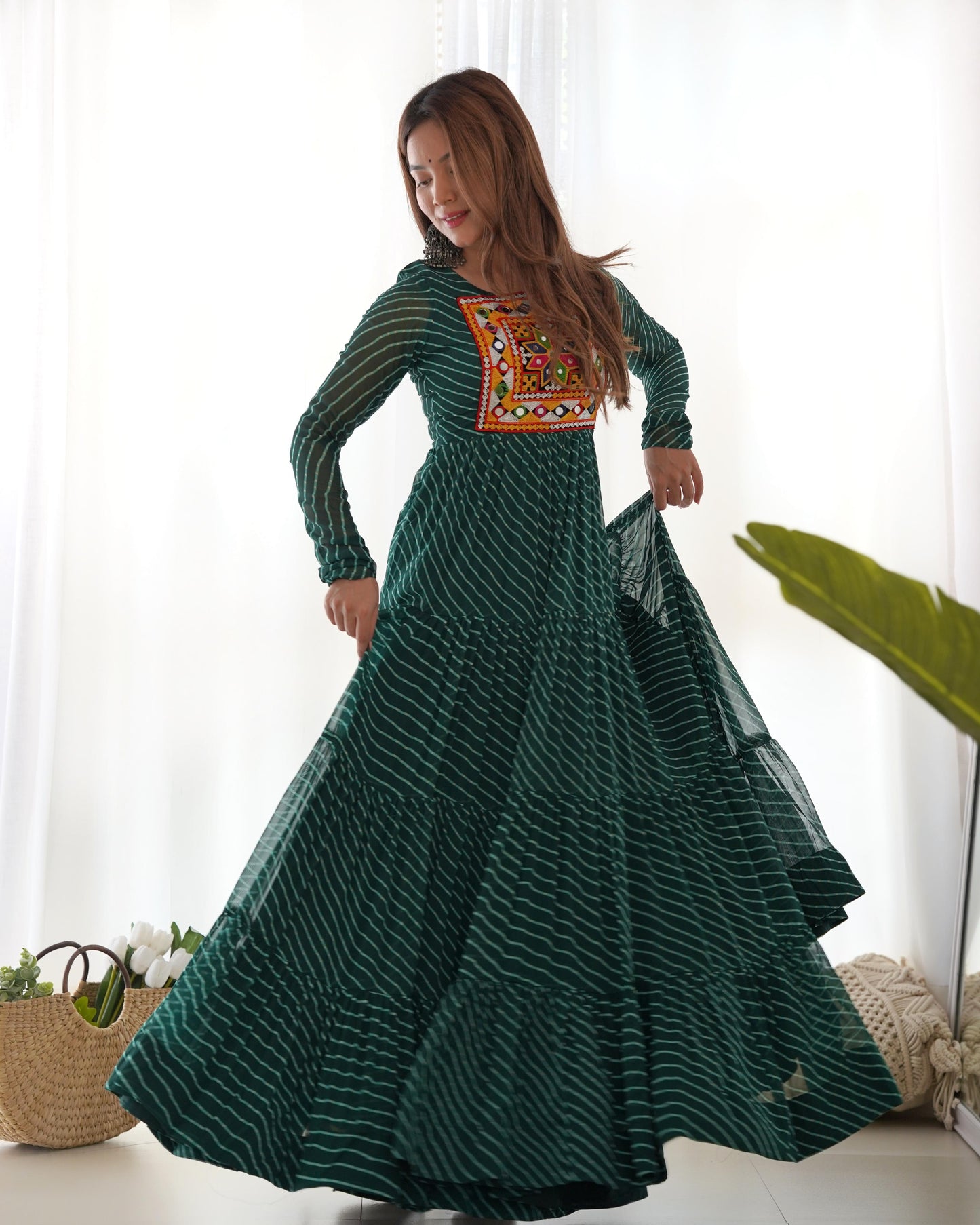 Georgette Lehriya Printed Yoke Work Gown - Shopaholics Choice