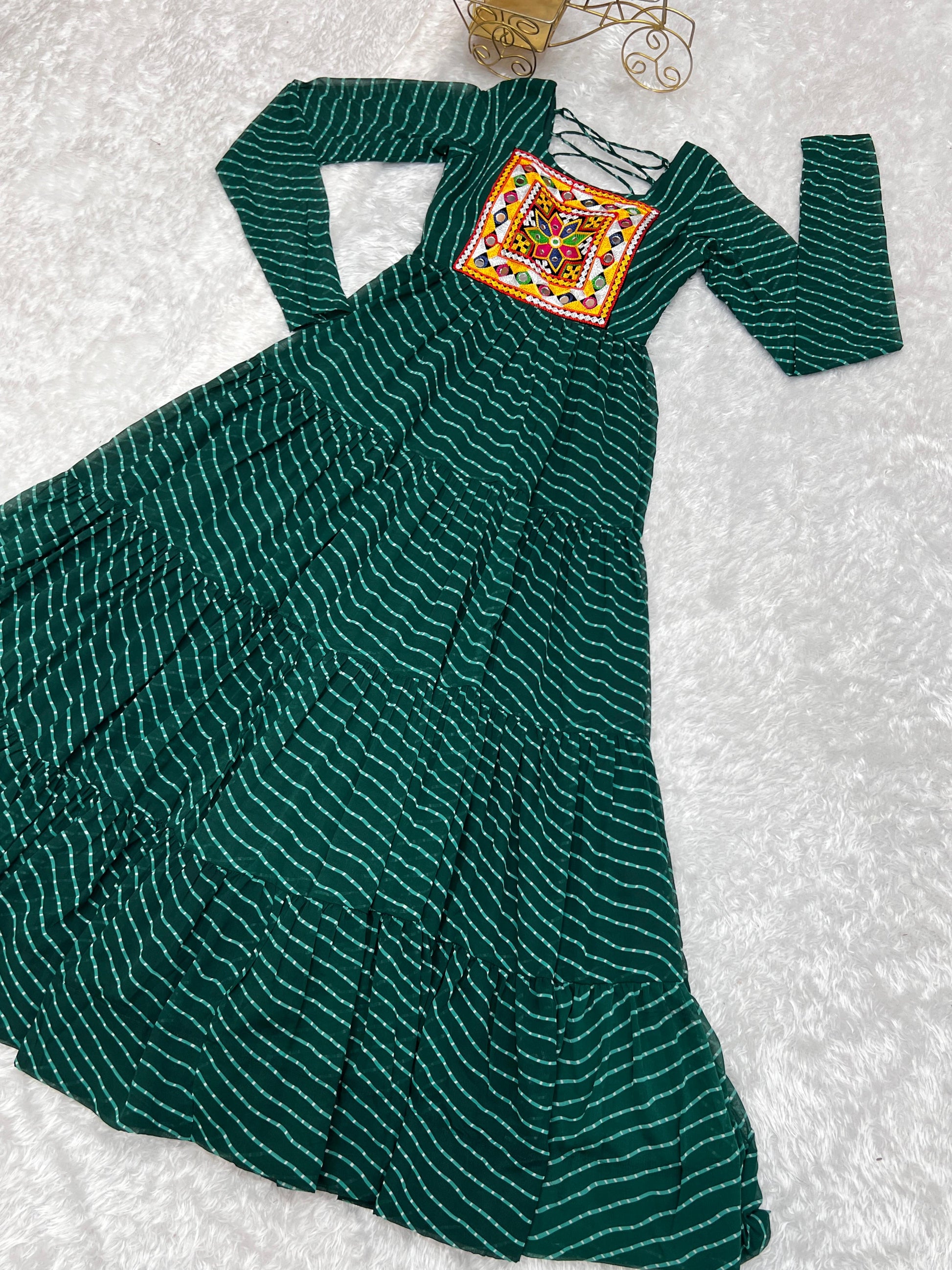 Georgette Lehriya Printed Yoke Work Gown - Shopaholics Choice