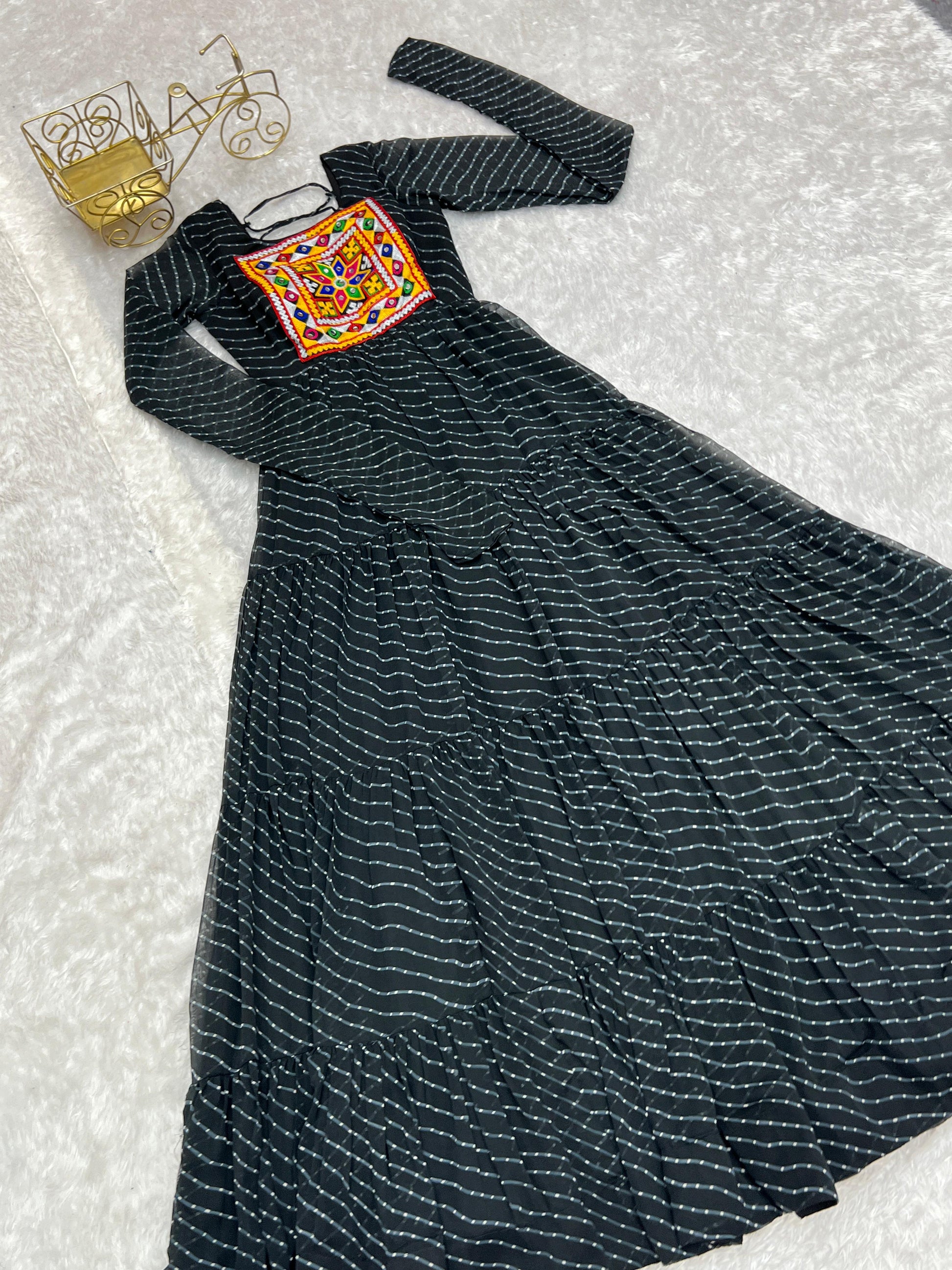 Georgette Lehriya Printed Yoke Work Gown - Shopaholics Choice