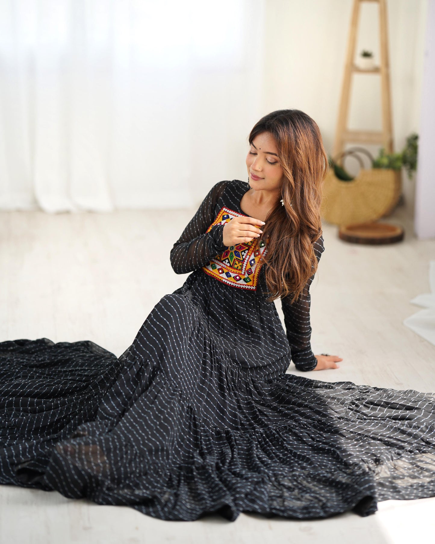 Georgette Lehriya Printed Yoke Work Gown - Shopaholics Choice