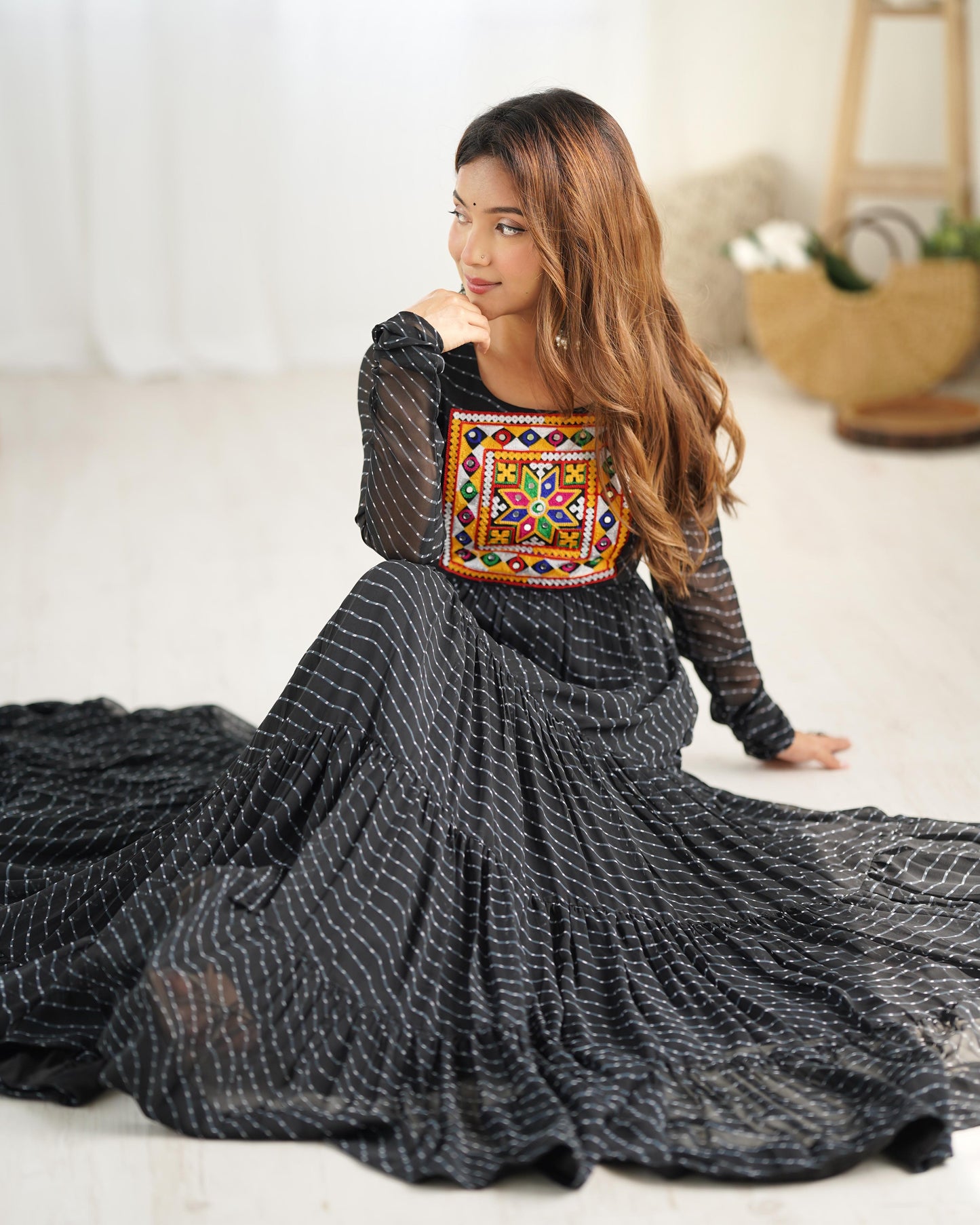 Georgette Lehriya Printed Yoke Work Gown - Shopaholics Choice