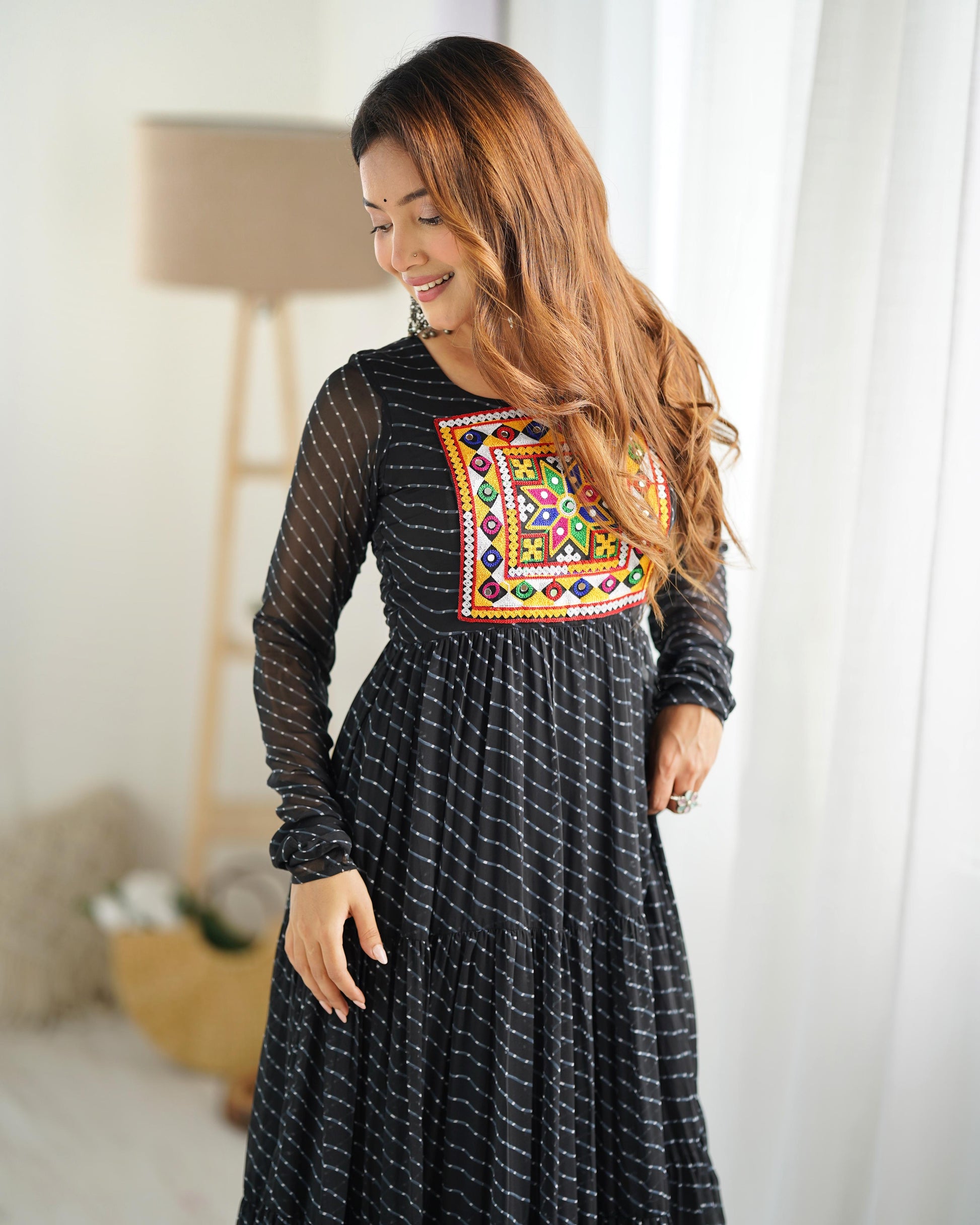 Georgette Lehriya Printed Yoke Work Gown - Shopaholics Choice