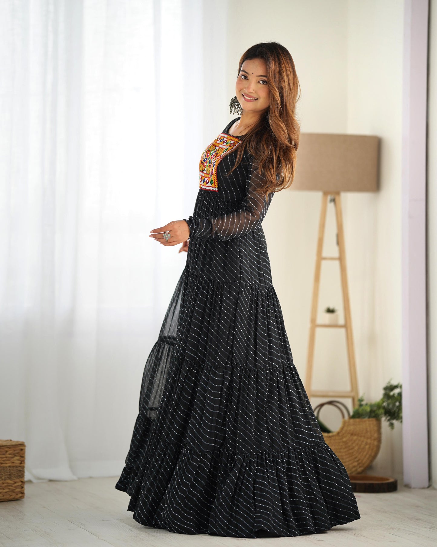 Georgette Lehriya Printed Yoke Work Gown - Shopaholics Choice