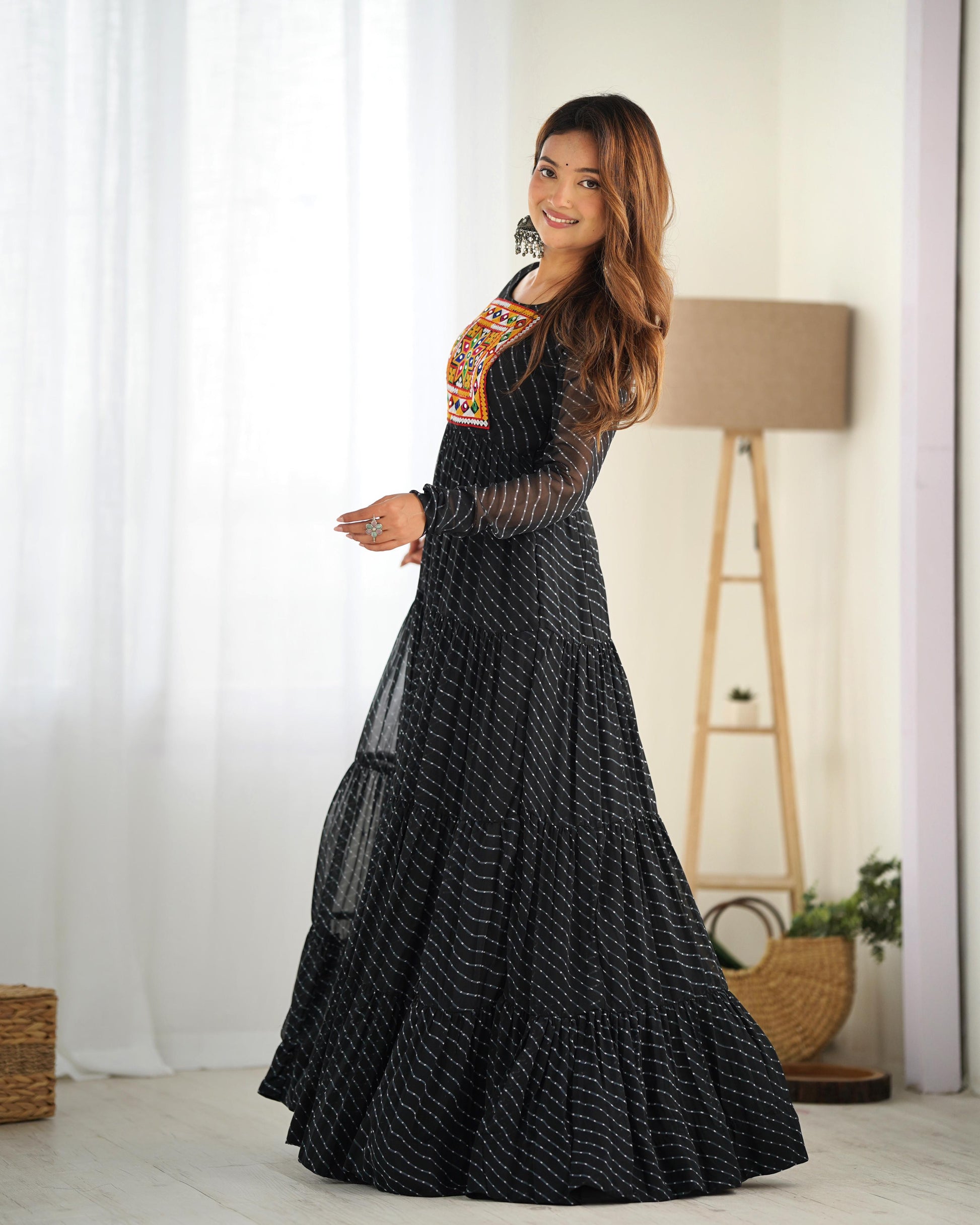 Georgette Lehriya Printed Yoke Work Gown - Shopaholics Choice