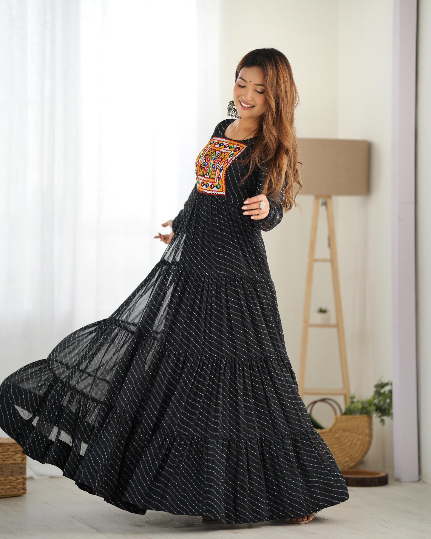 Georgette Lehriya Printed Yoke Work Gown - Shopaholics Choice