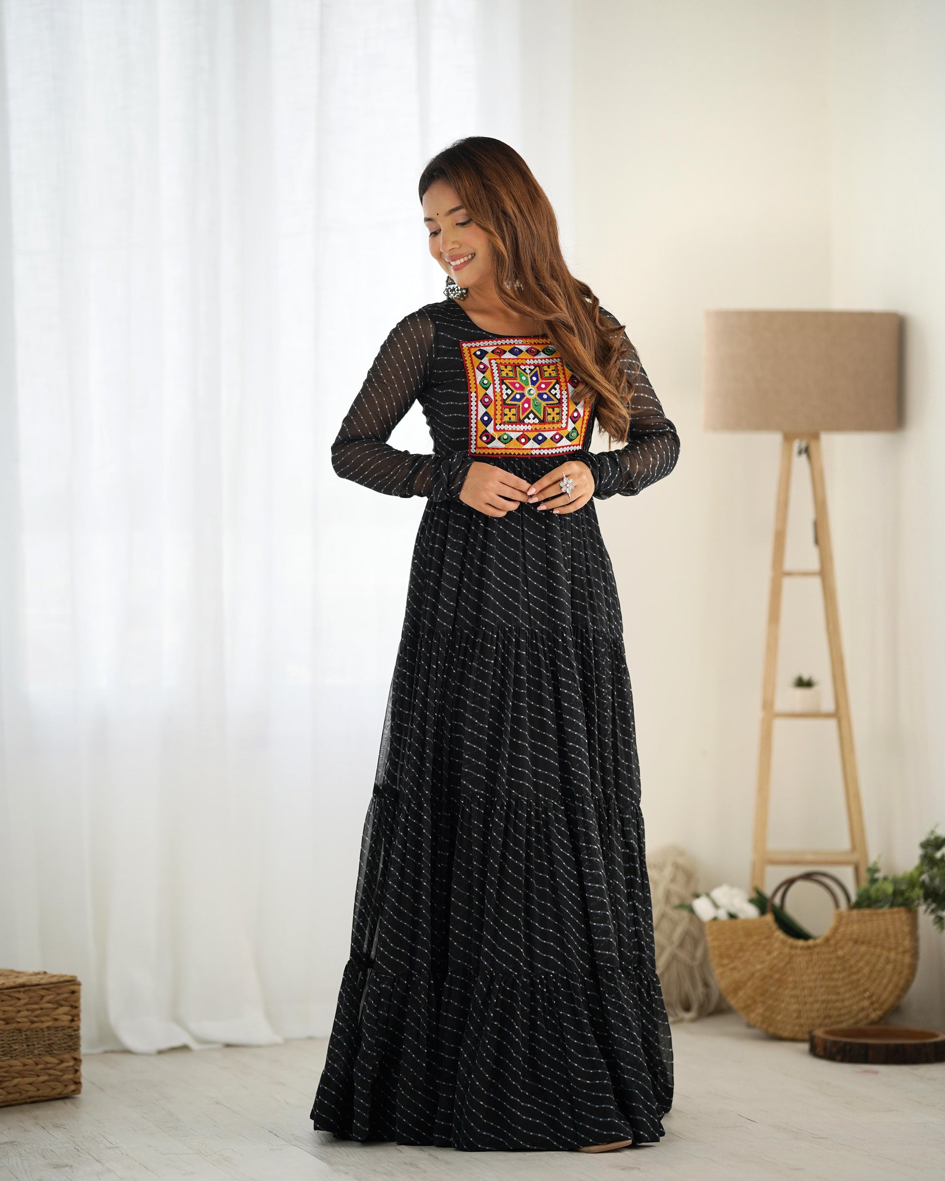 Georgette Lehriya Printed Yoke Work Gown - Shopaholics Choice