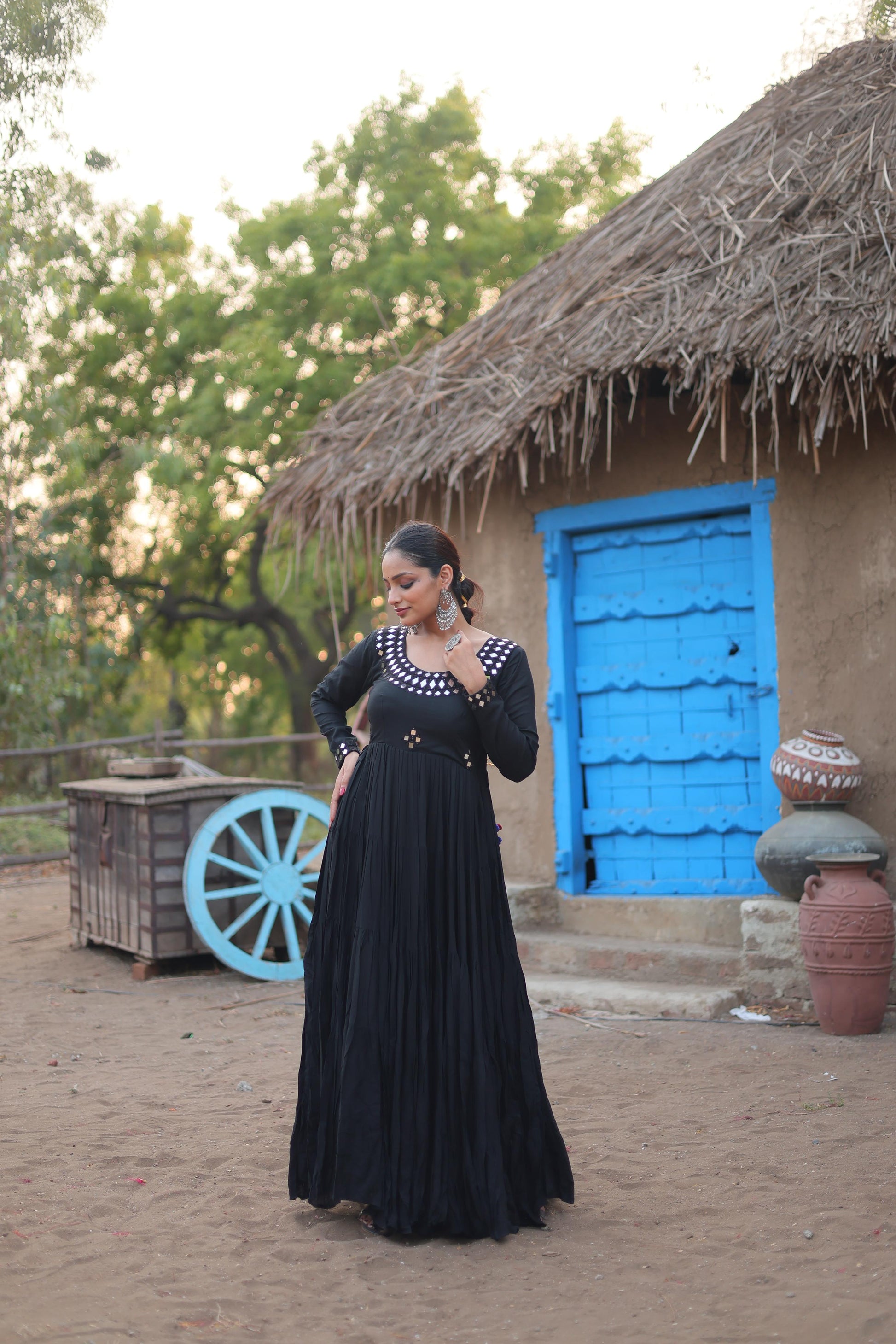 Rayon Real Mirror Work Flared Gown - Shopaholics Choice