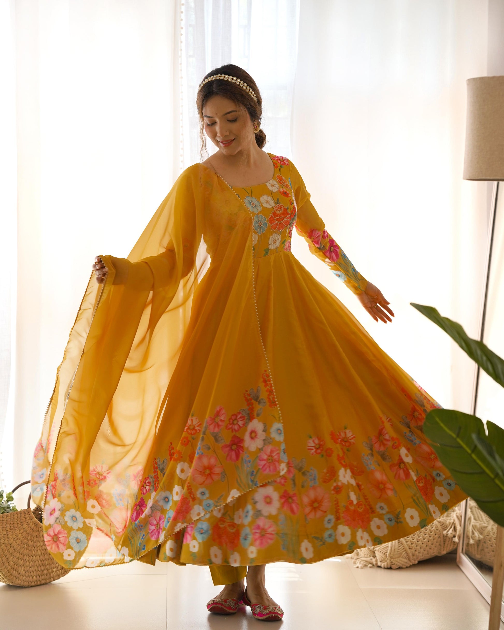 Solidcolour Soft Organza Floral Anarkali Suit - Shopaholics Choice