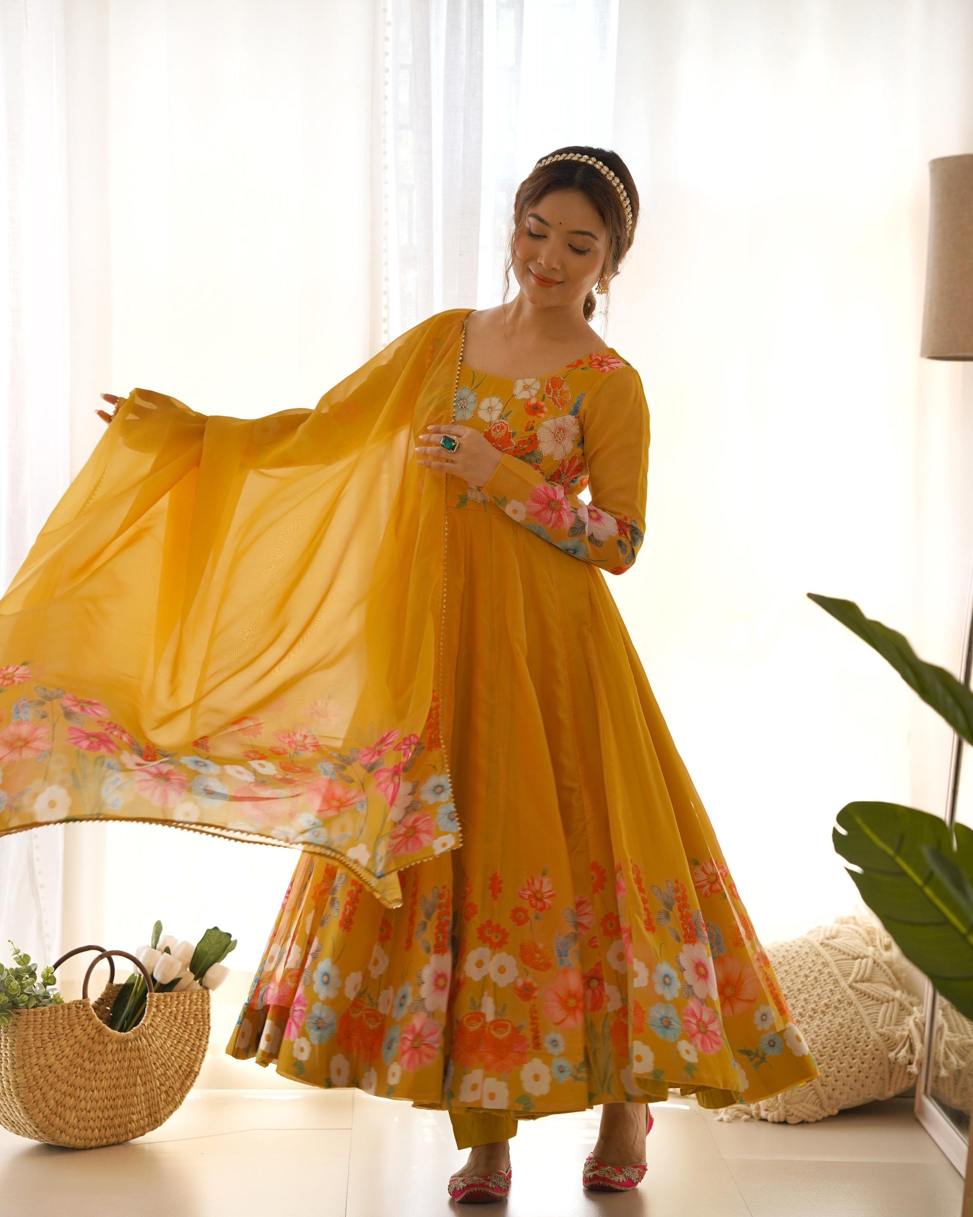 Solidcolour Soft Organza Floral Anarkali Suit - Shopaholics Choice