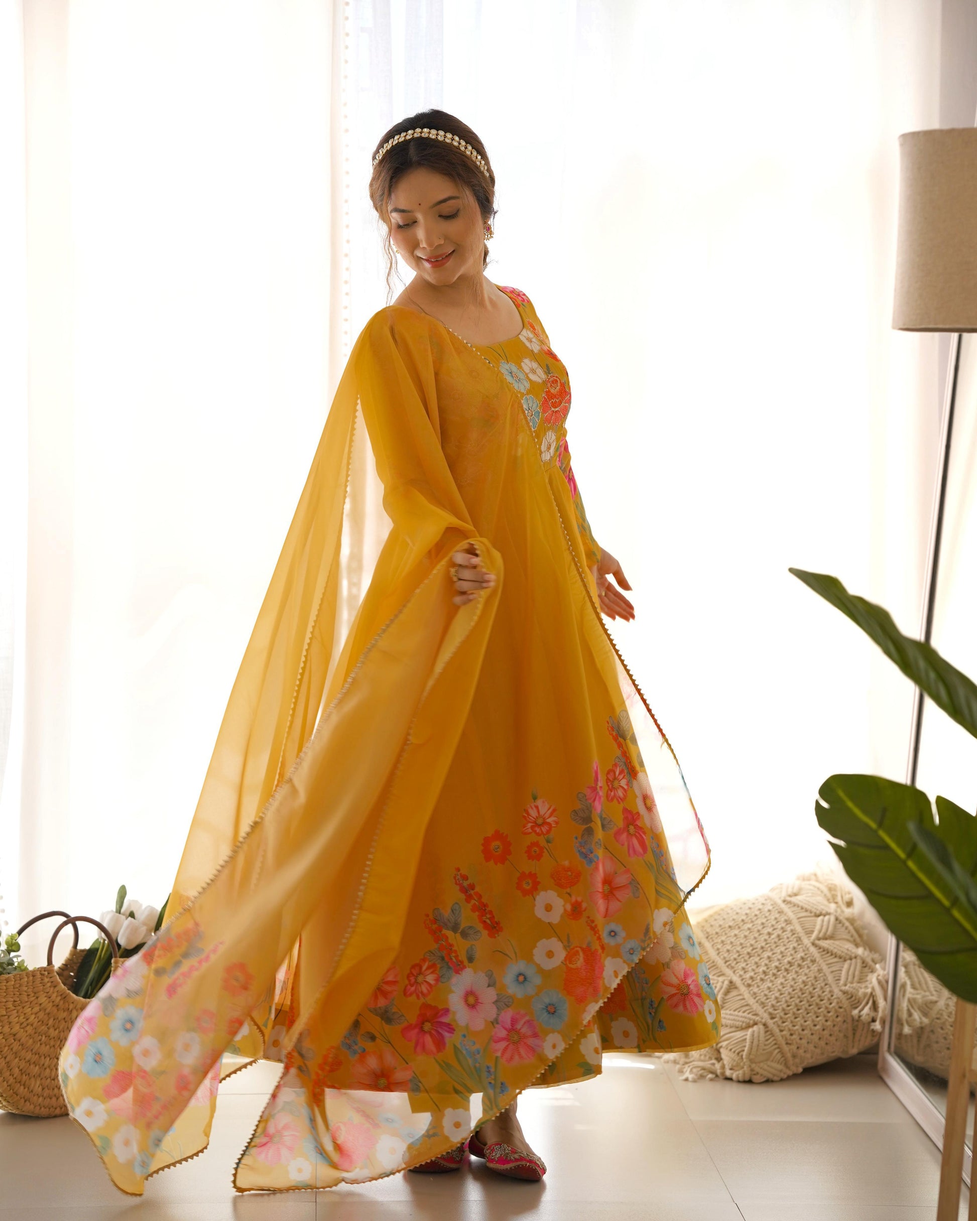 Solidcolour Soft Organza Floral Anarkali Suit - Shopaholics Choice