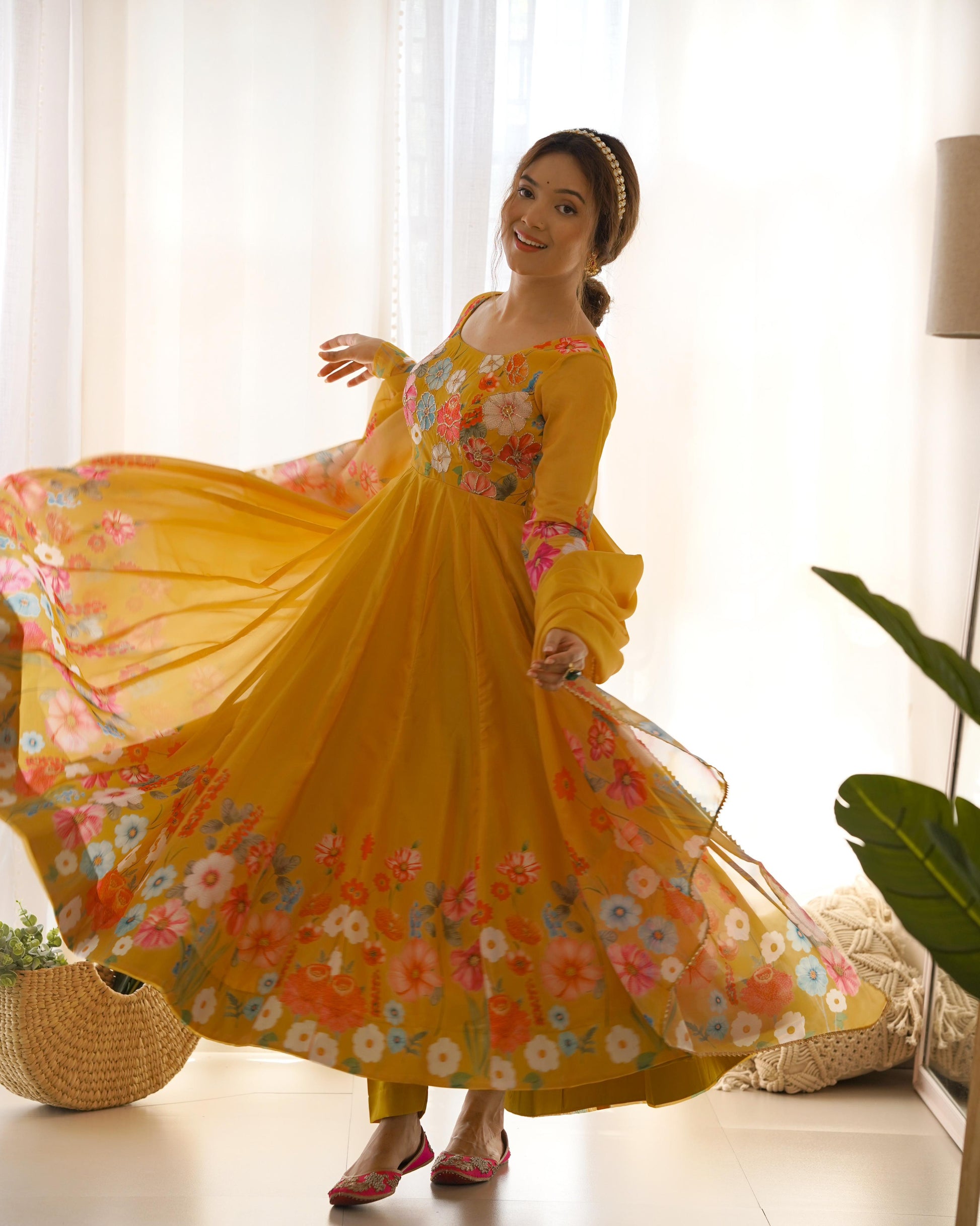 Solidcolour Soft Organza Floral Anarkali Suit - Shopaholics Choice