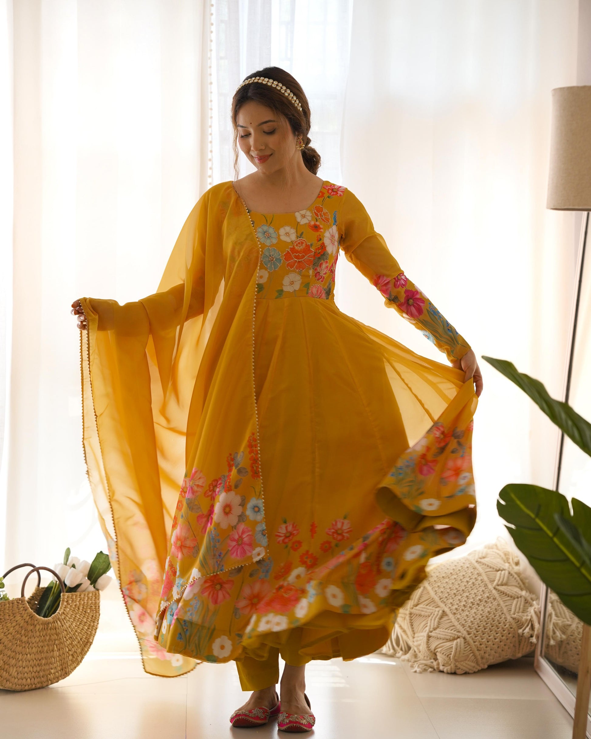 Solidcolour Soft Organza Floral Anarkali Suit - Shopaholics Choice