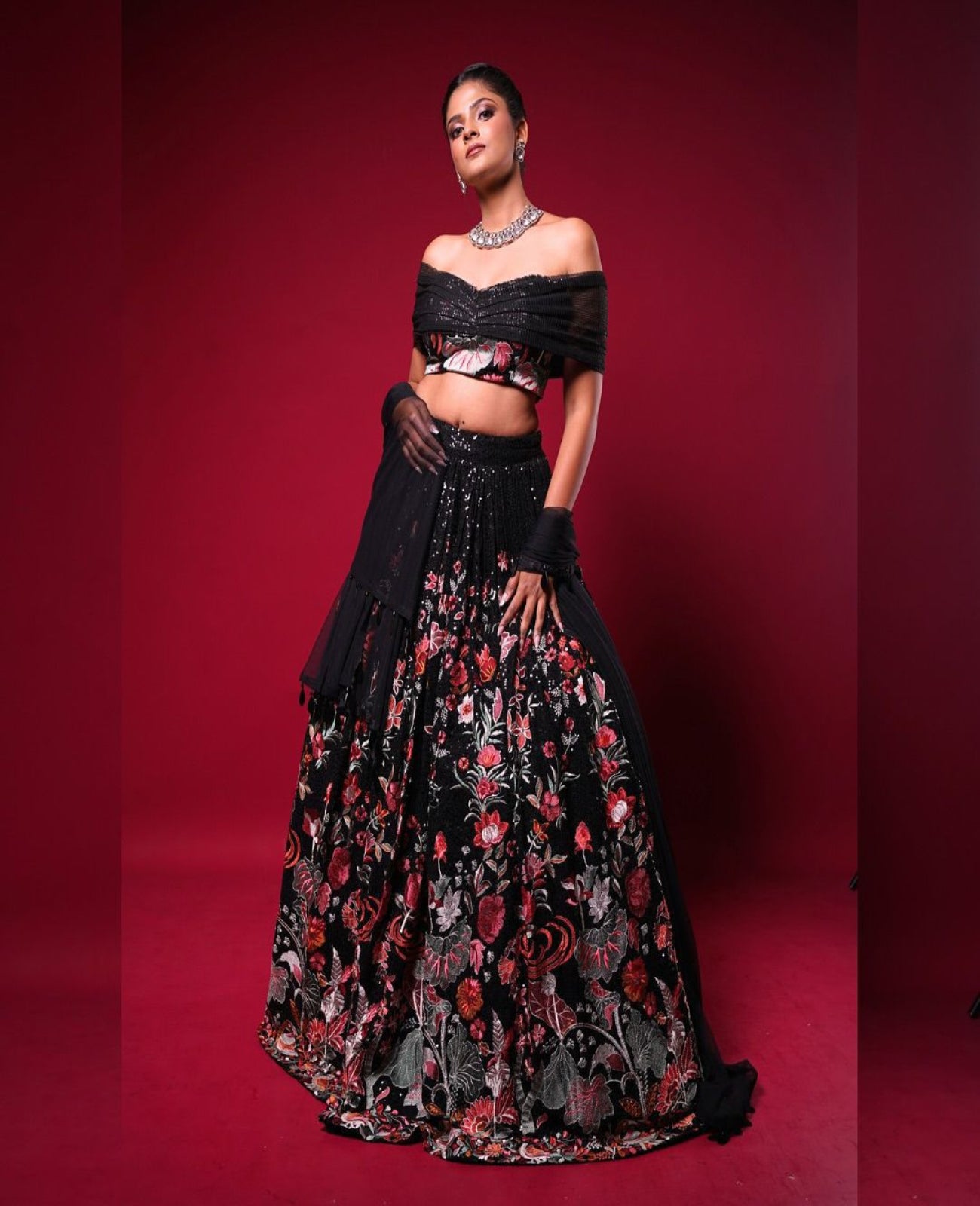 Black Georgette Thread Sequins Work Lehnga - Shopaholics Choice