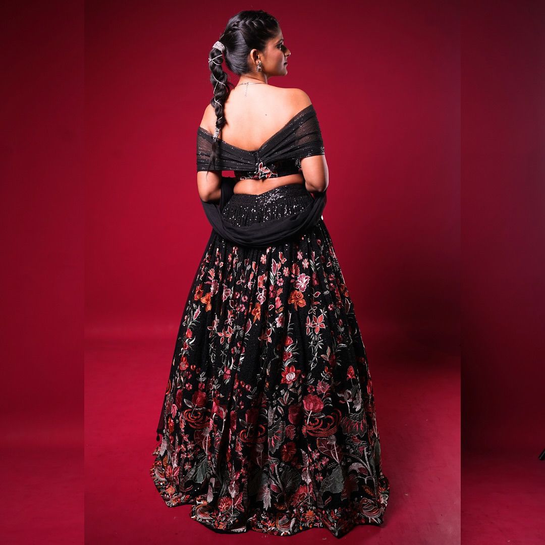 Black Georgette Thread Sequins Work Lehnga - Shopaholics Choice