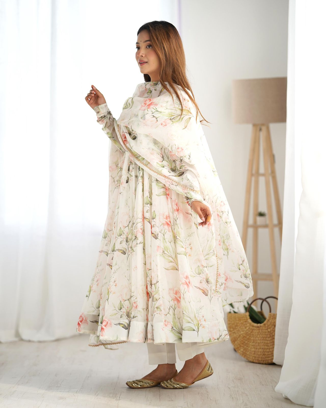 White Organza Printed Gotta Work Anarkali - Shopaholics Choice