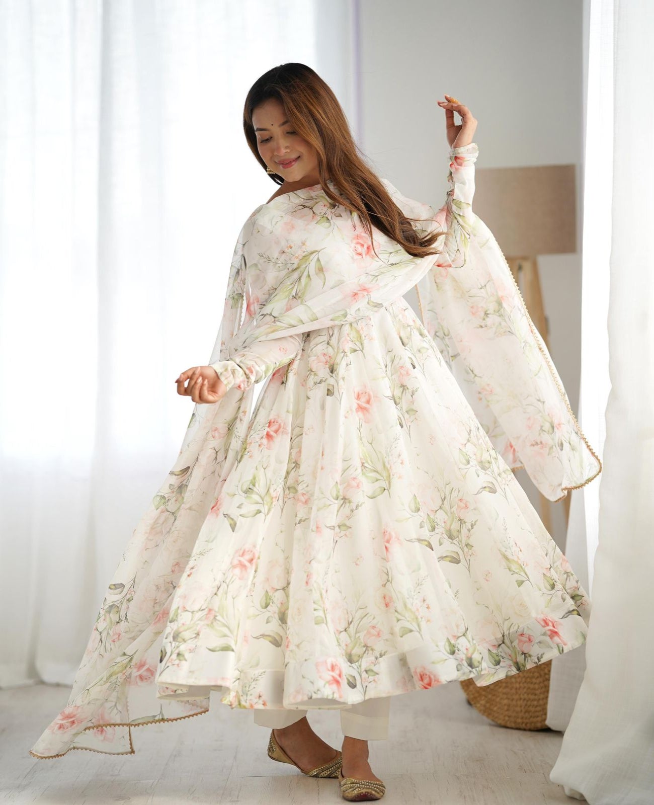 White Organza Printed Gotta Work Anarkali - Shopaholics Choice