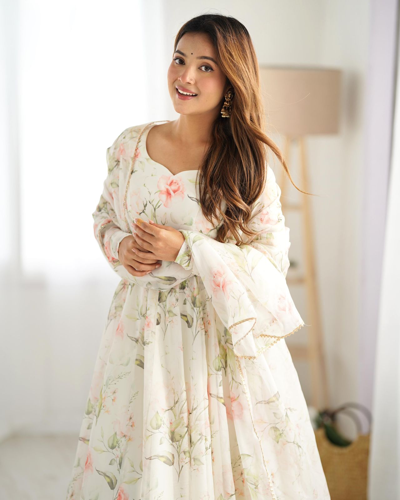 White Organza Printed Gotta Work Anarkali - Shopaholics Choice