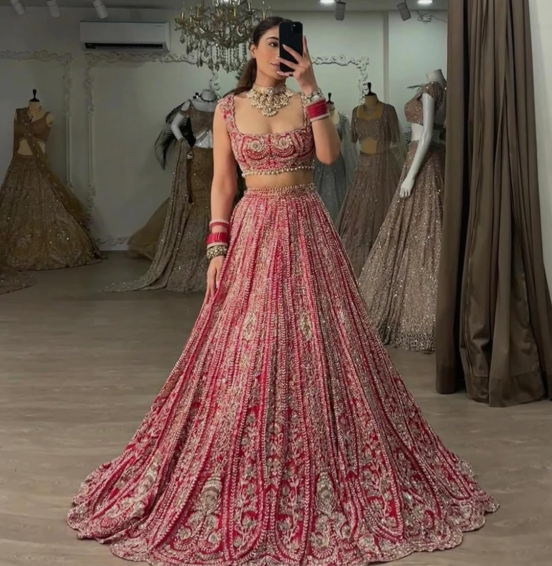 Bridal Red Boomer Silk Heavy Embroidery Work Lehnga Set - Shopaholics Choice