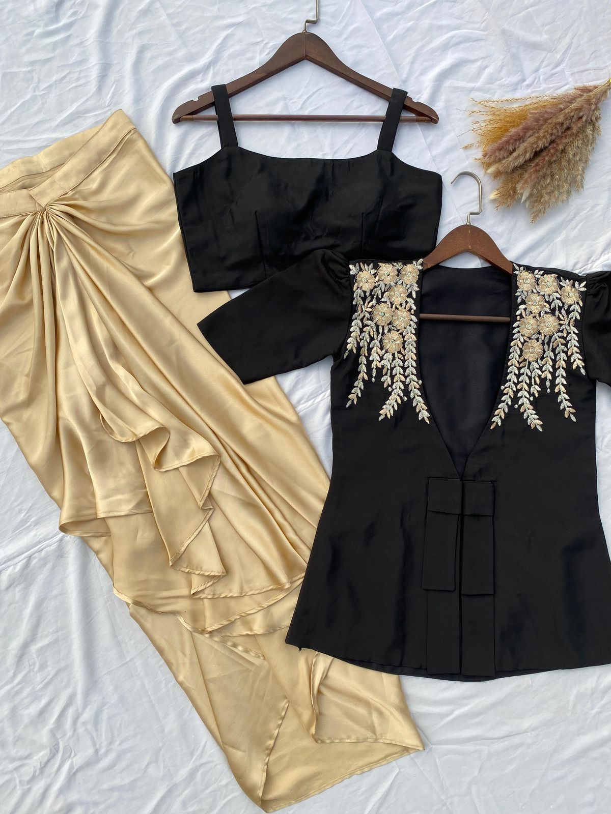 Black-Beige Crape-Satin Indo Western - Shopaholics Choice