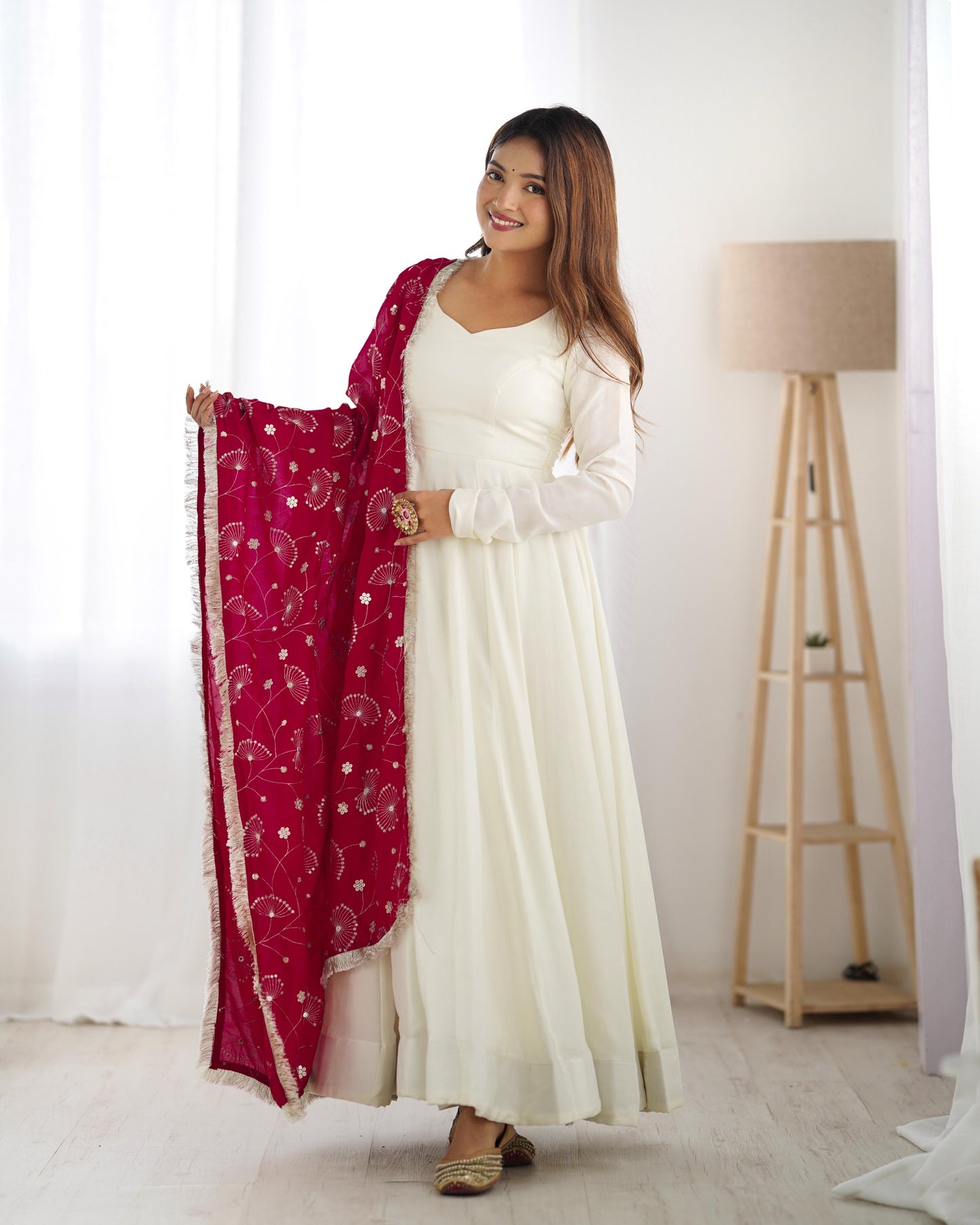 White Vichitra Silk Flared Anarkali - Shopaholics Choice