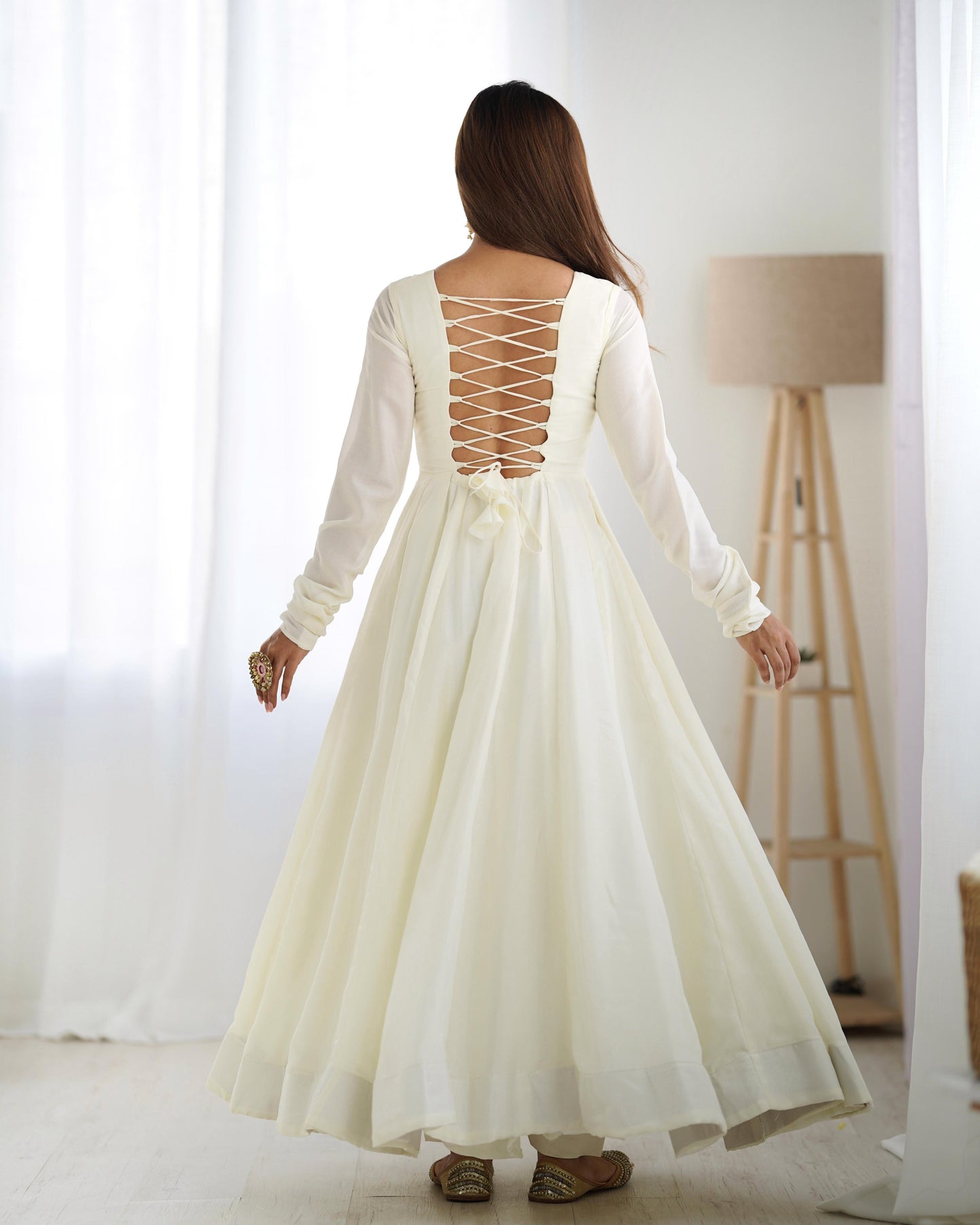 White Vichitra Silk Flared Anarkali - Shopaholics Choice