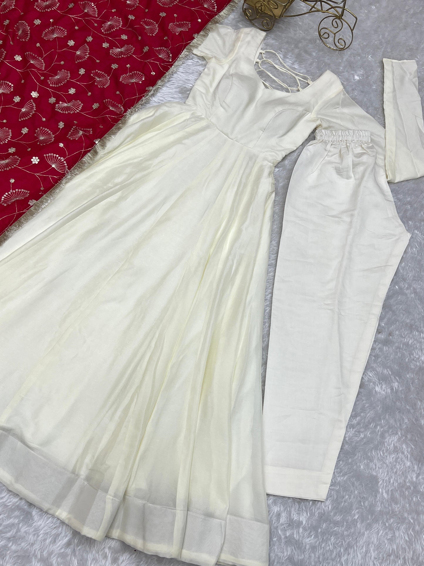 White Vichitra Silk Flared Anarkali - Shopaholics Choice
