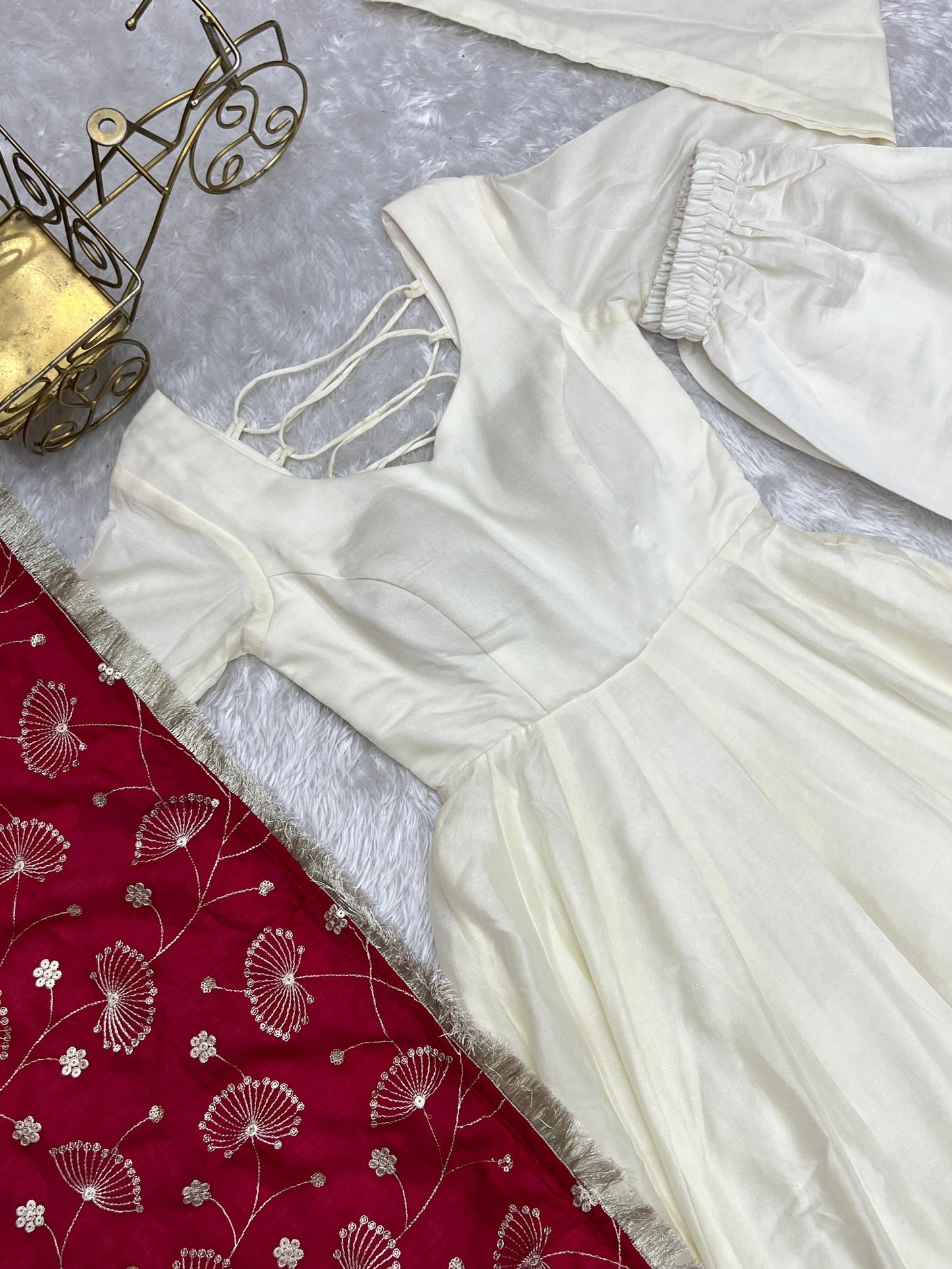 White Vichitra Silk Flared Anarkali - Shopaholics Choice