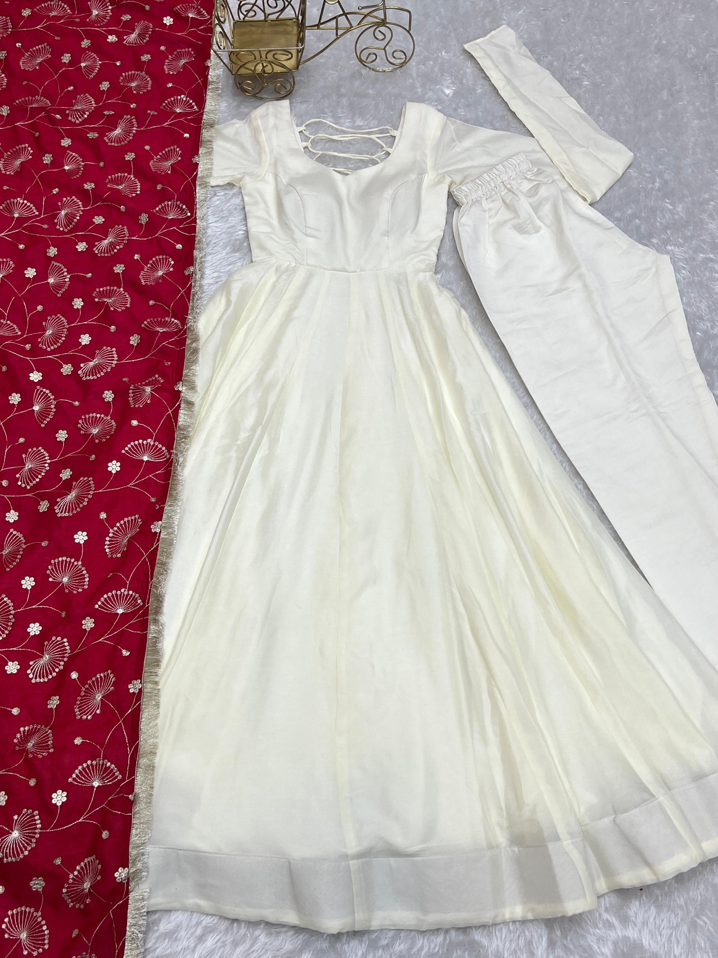 White Vichitra Silk Flared Anarkali - Shopaholics Choice