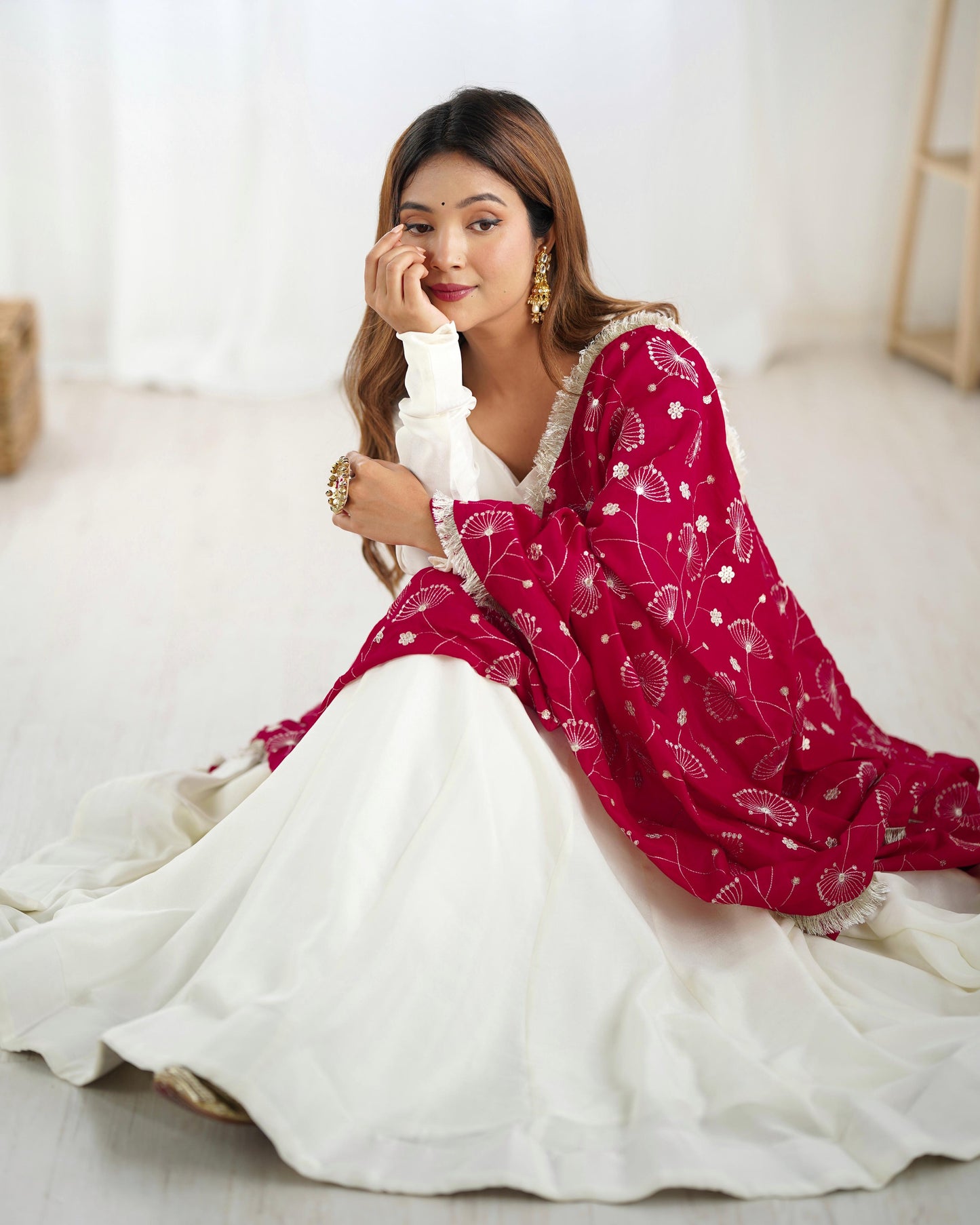 White Vichitra Silk Flared Anarkali - Shopaholics Choice