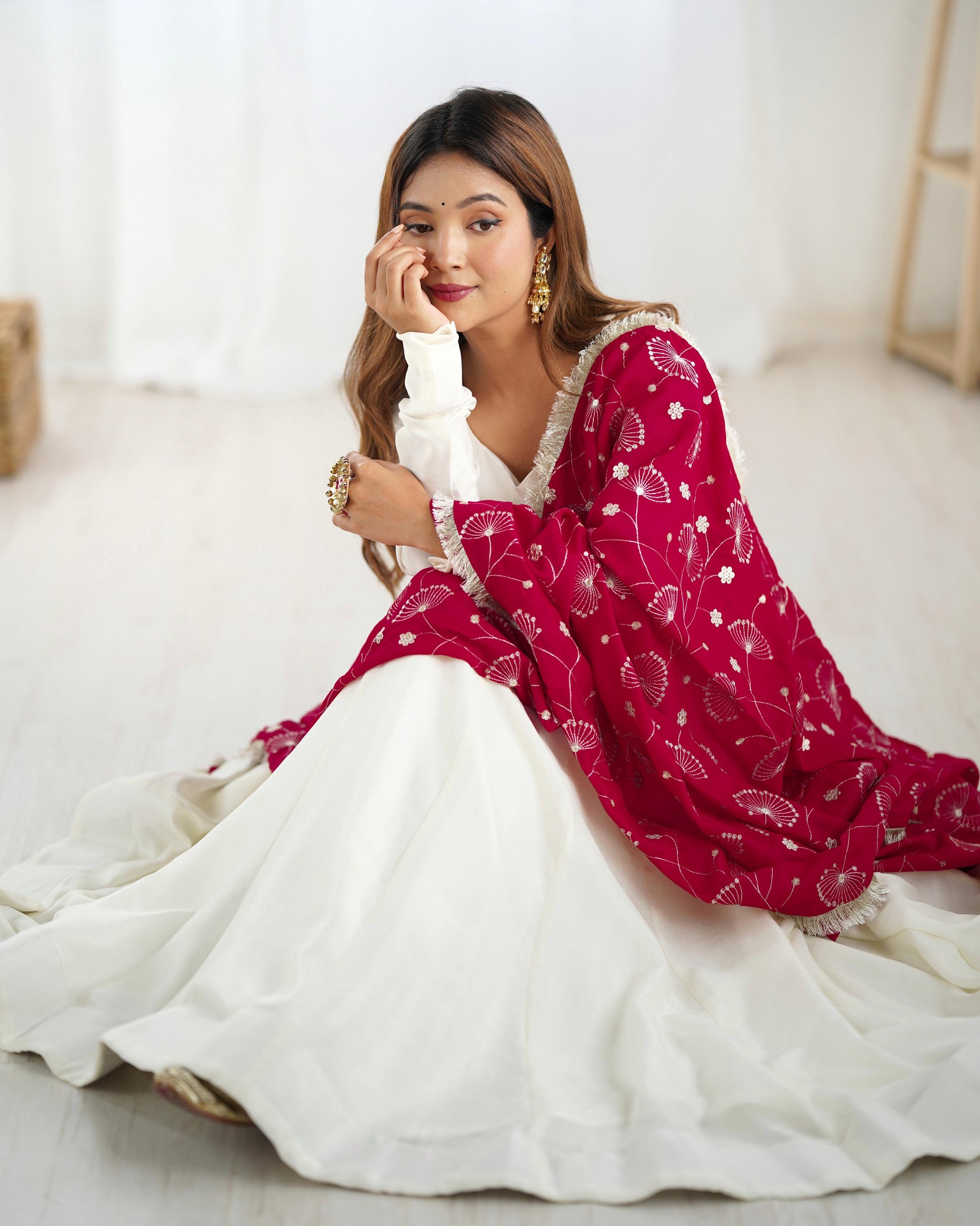 White Vichitra Silk Flared Anarkali - Shopaholics Choice