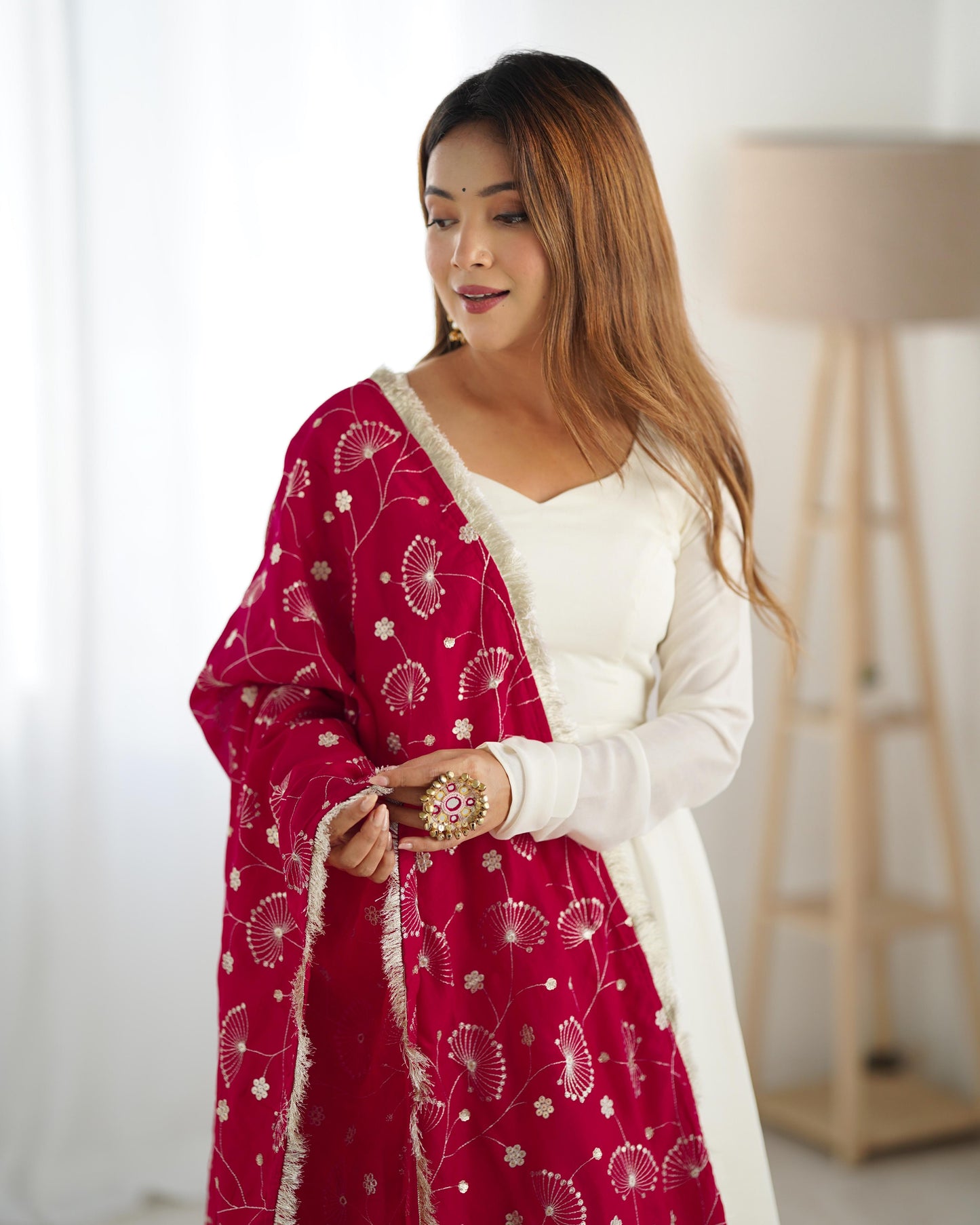 White Vichitra Silk Flared Anarkali - Shopaholics Choice