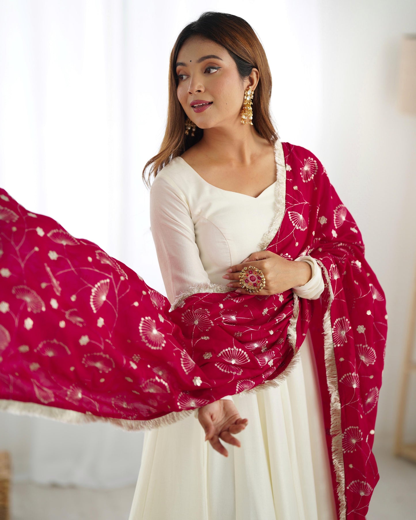 White Vichitra Silk Flared Anarkali - Shopaholics Choice
