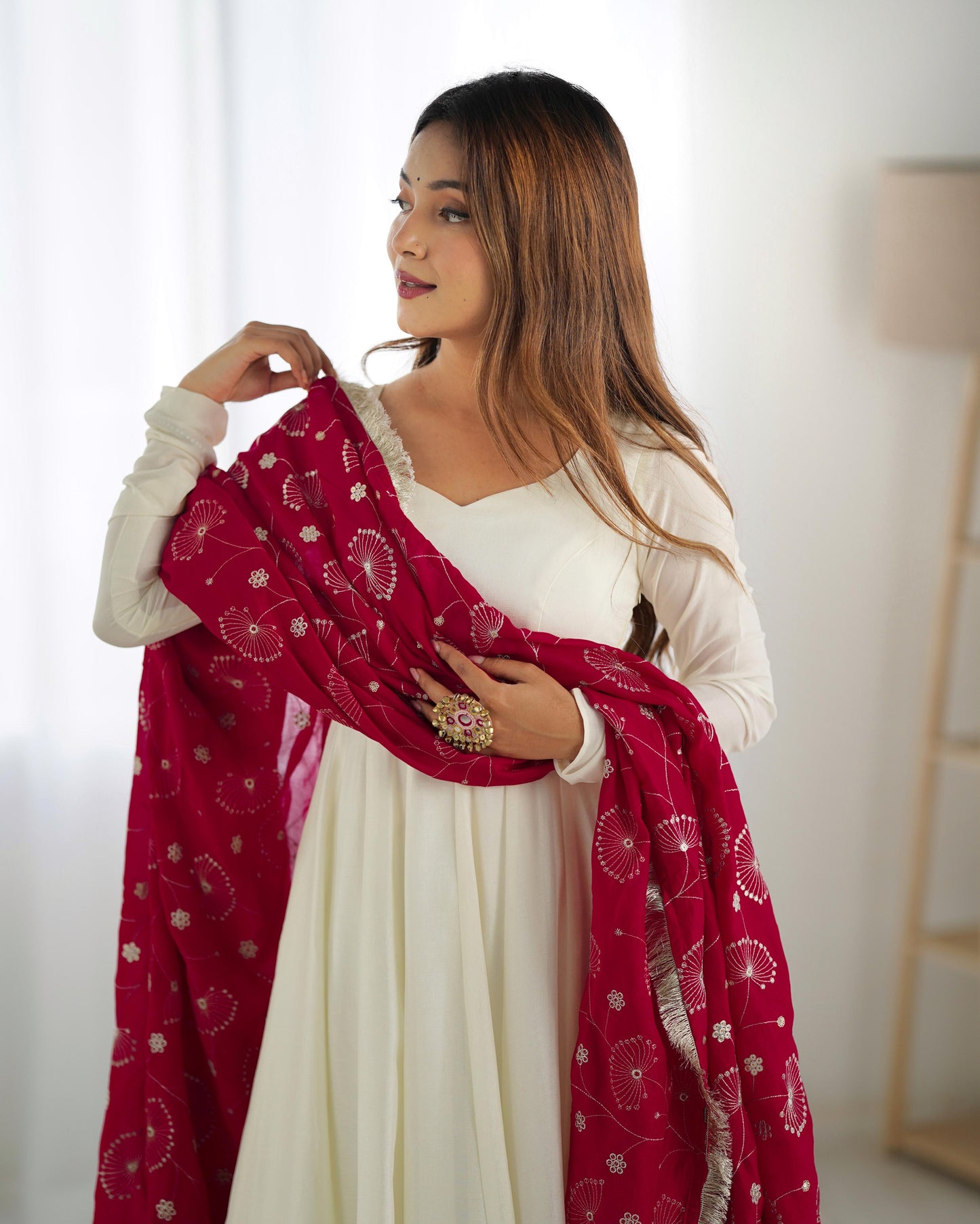 White Vichitra Silk Flared Anarkali - Shopaholics Choice