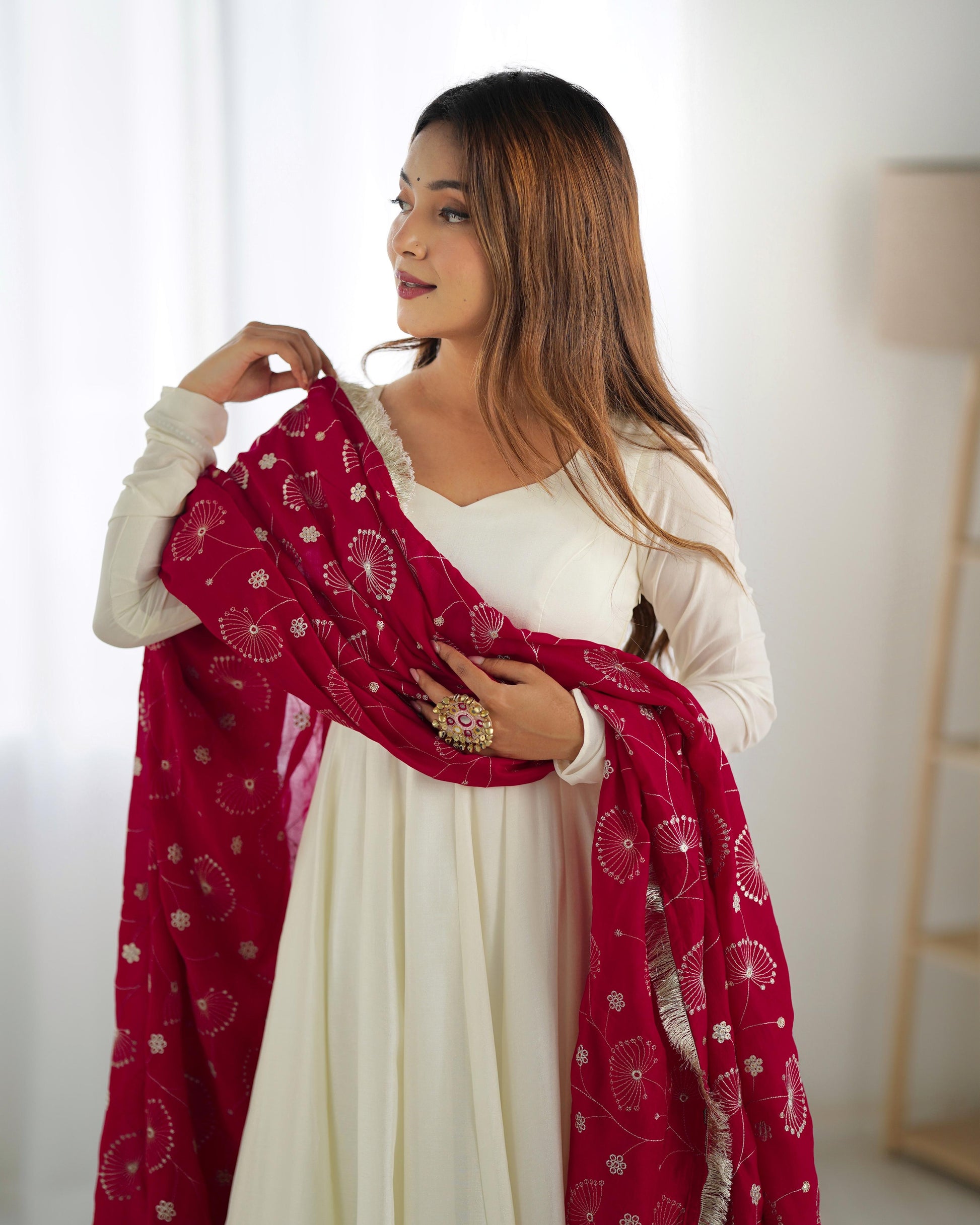 White Vichitra Silk Flared Anarkali - Shopaholics Choice