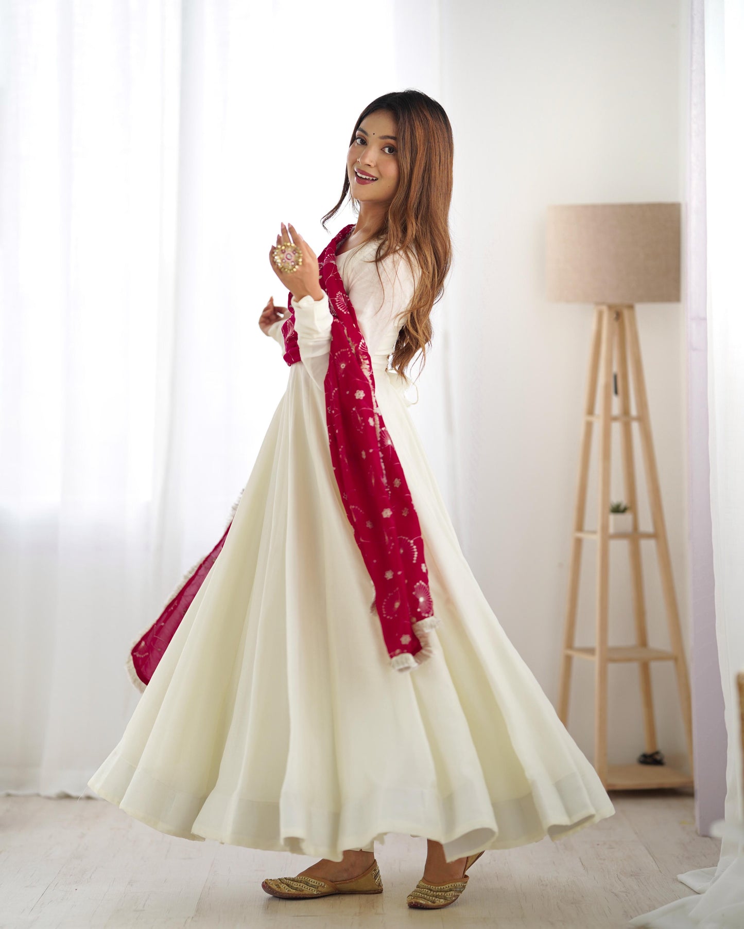 White Vichitra Silk Flared Anarkali - Shopaholics Choice
