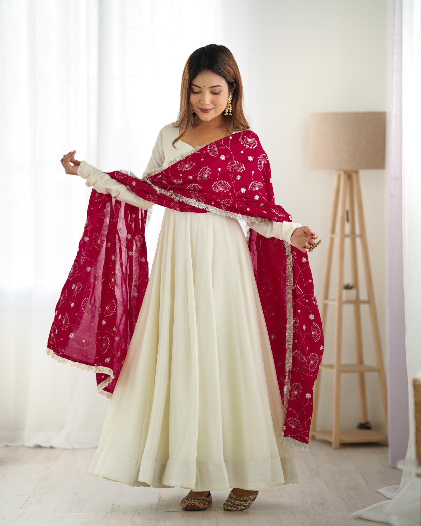White Vichitra Silk Flared Anarkali - Shopaholics Choice