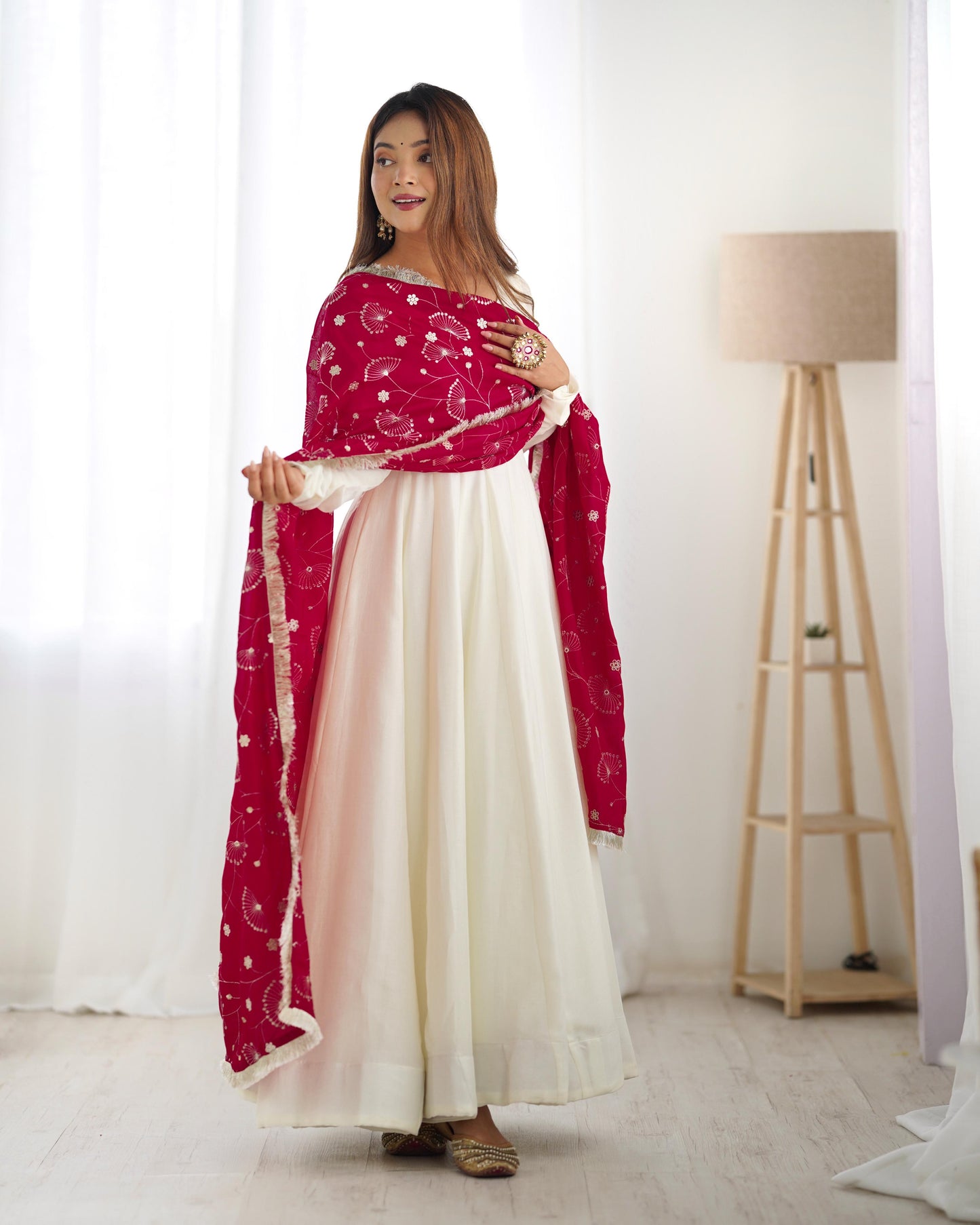 White Vichitra Silk Flared Anarkali - Shopaholics Choice
