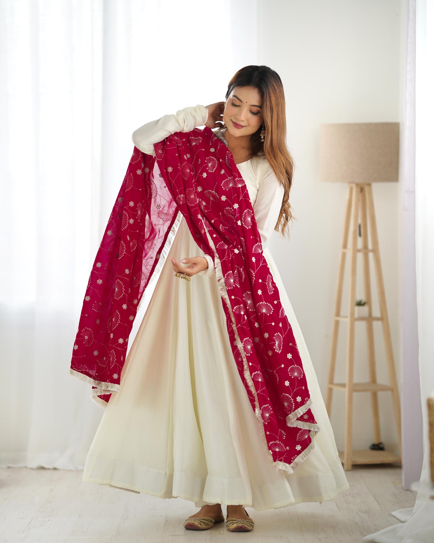 White Vichitra Silk Flared Anarkali - Shopaholics Choice
