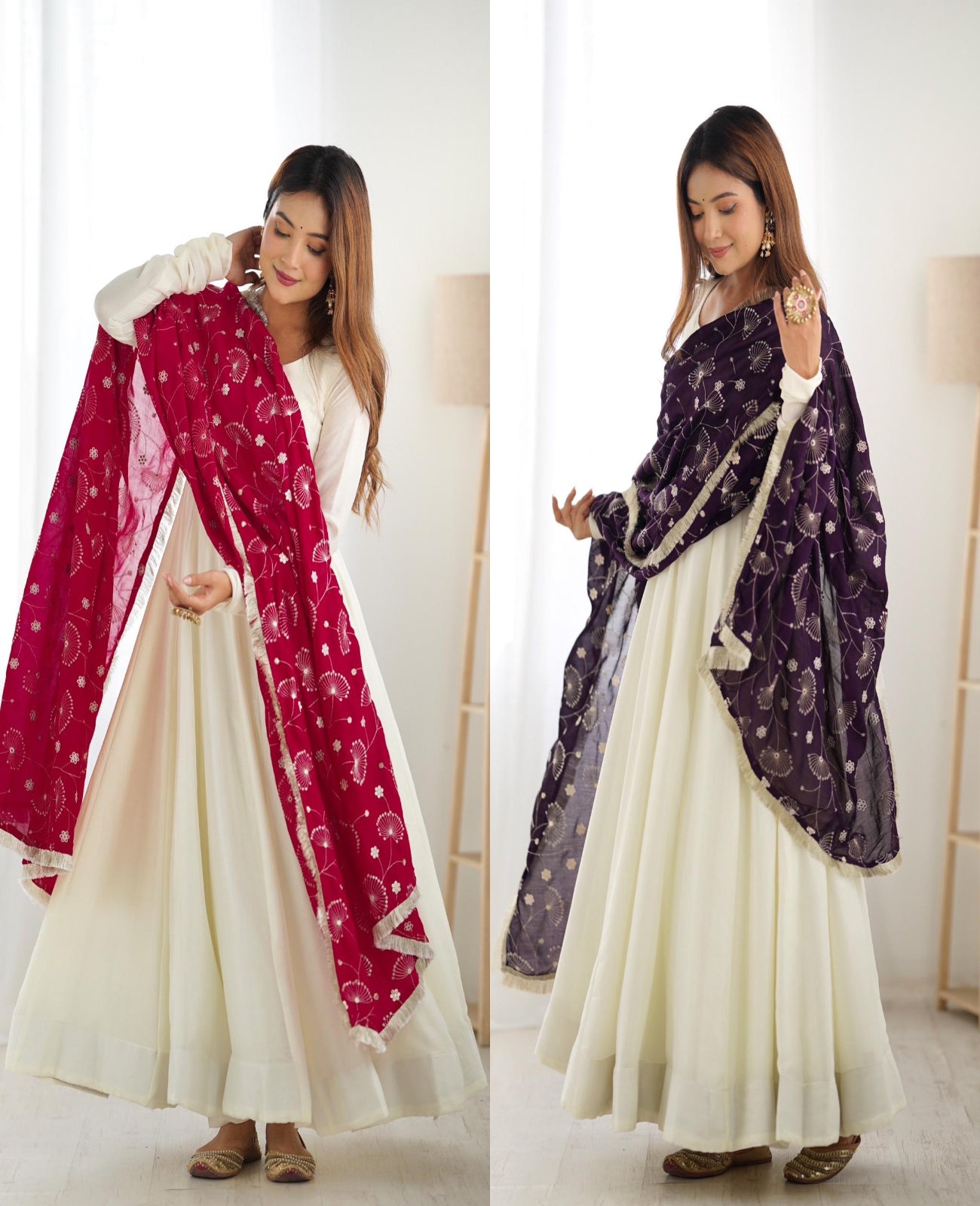 White Vichitra Silk Flared Anarkali - Shopaholics Choice