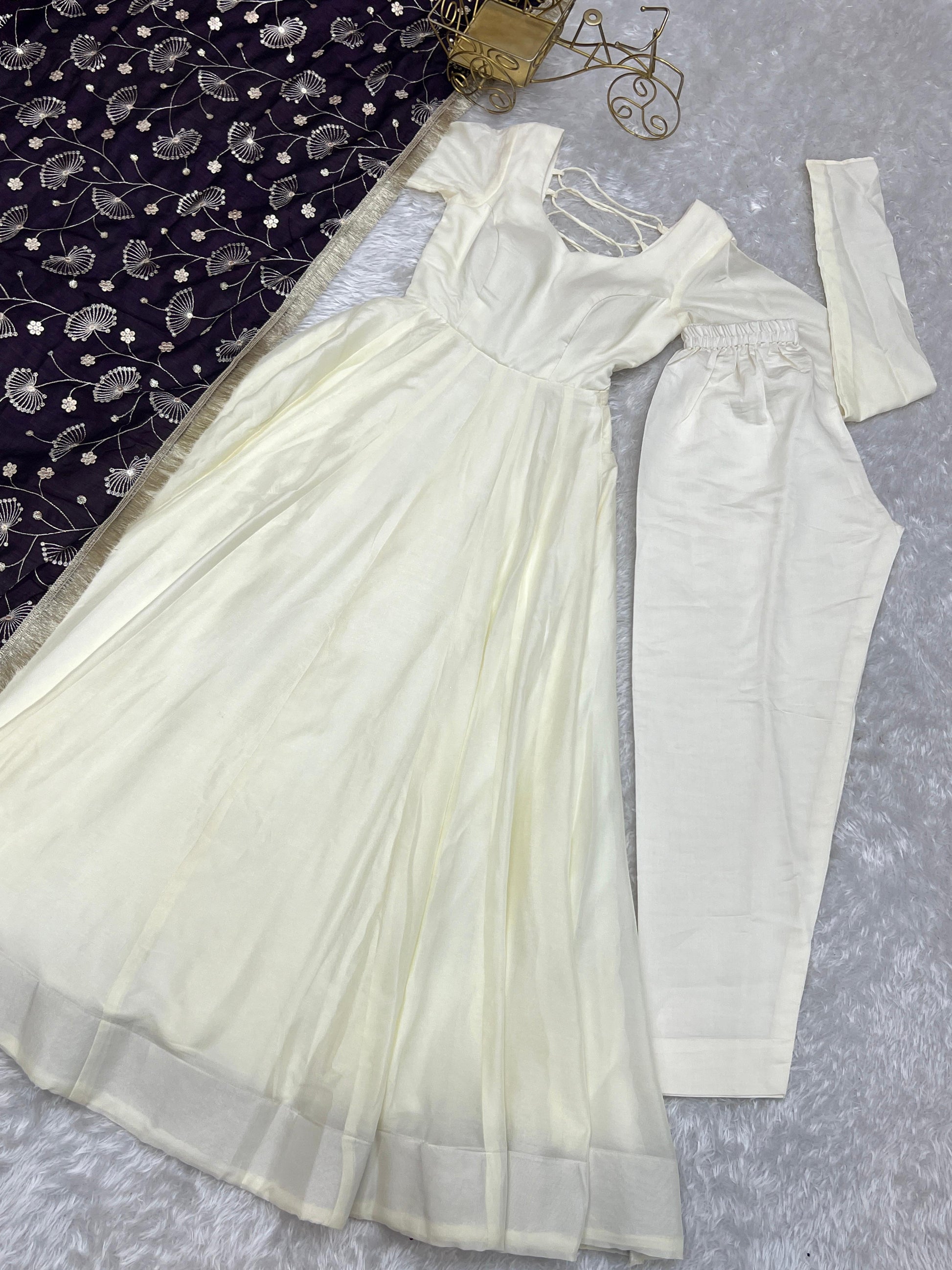 White Vichitra Silk Flared Anarkali - Shopaholics Choice