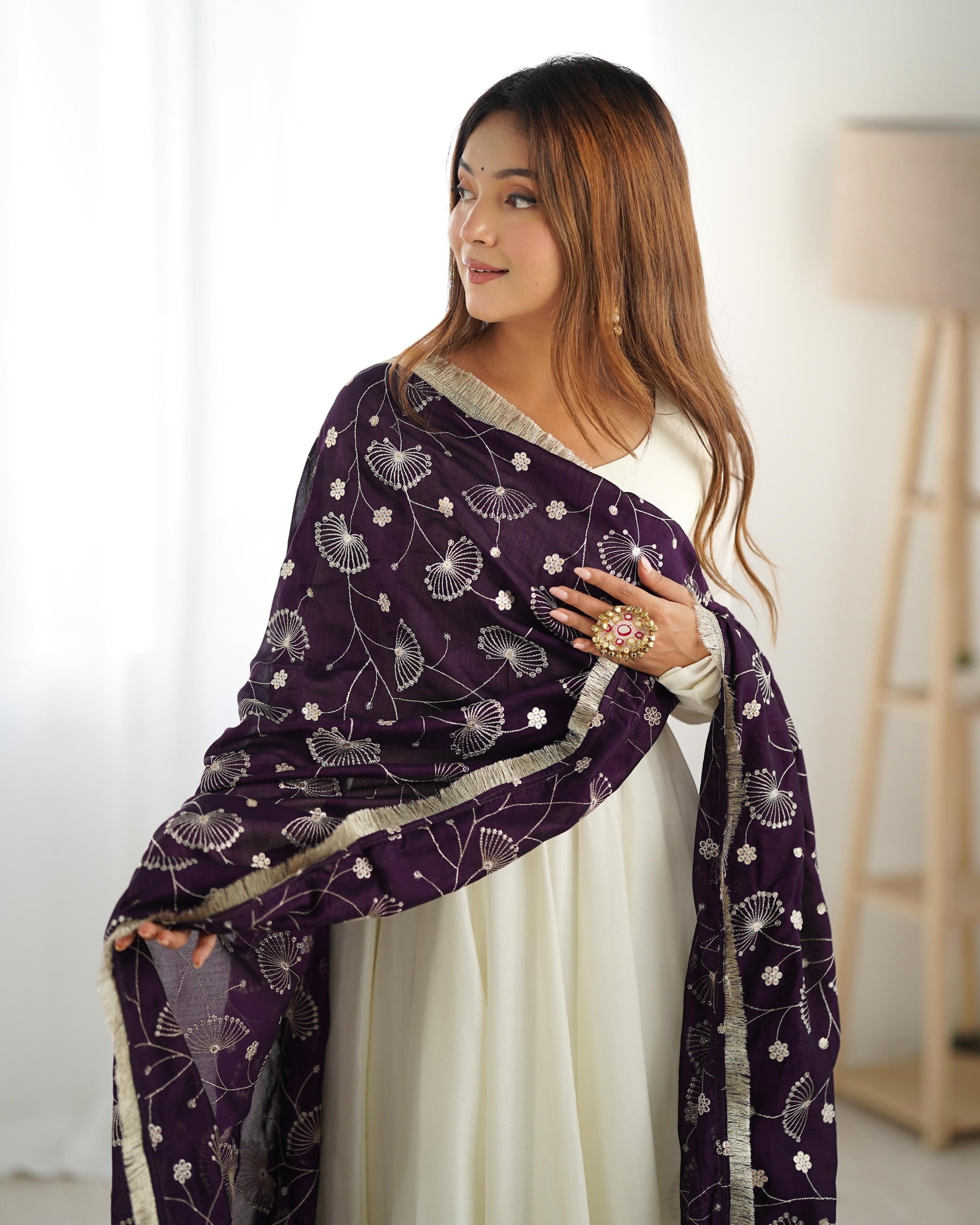 White Vichitra Silk Flared Anarkali - Shopaholics Choice